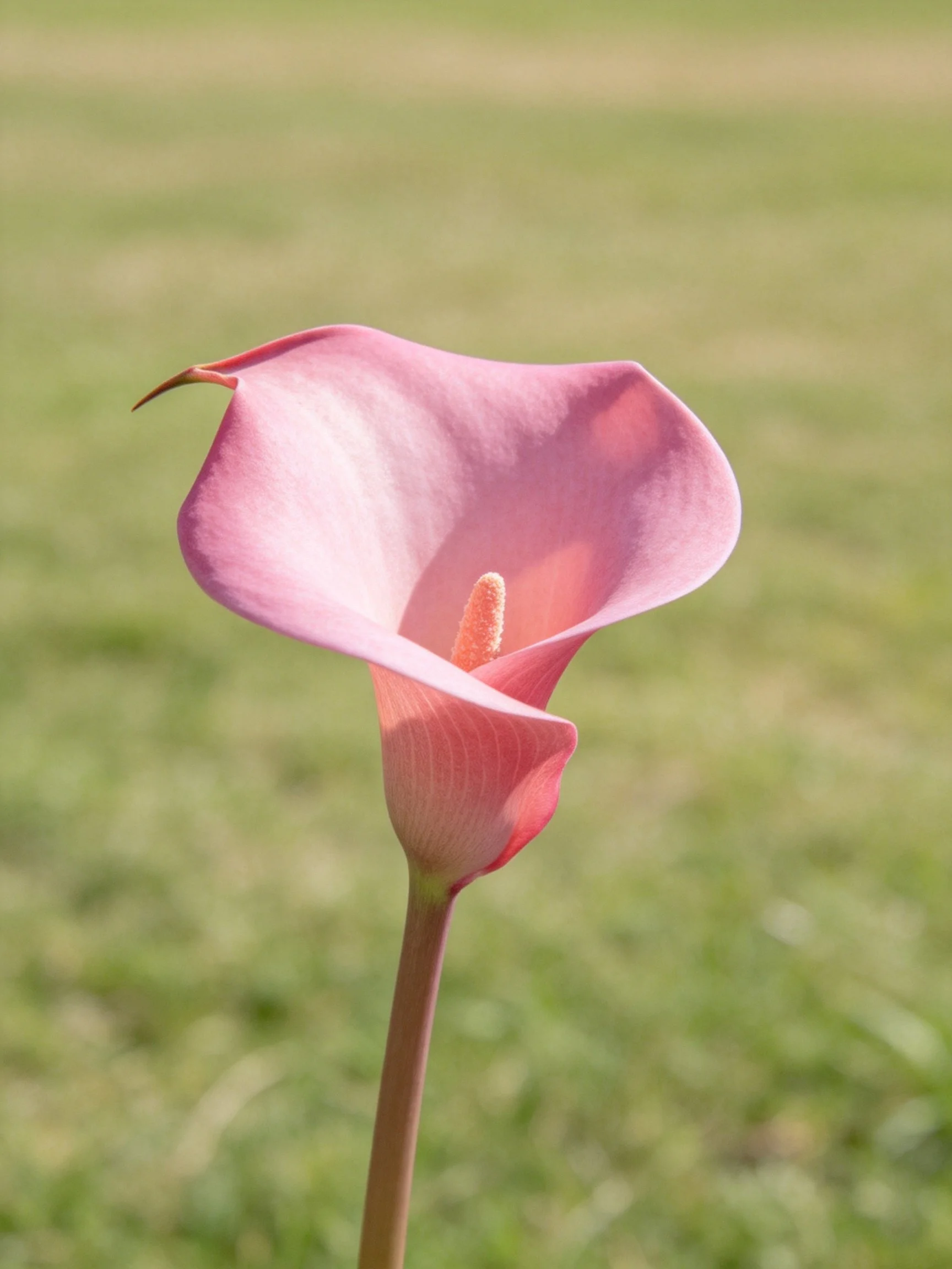 A single pink calla lily stands out against a blurred green background