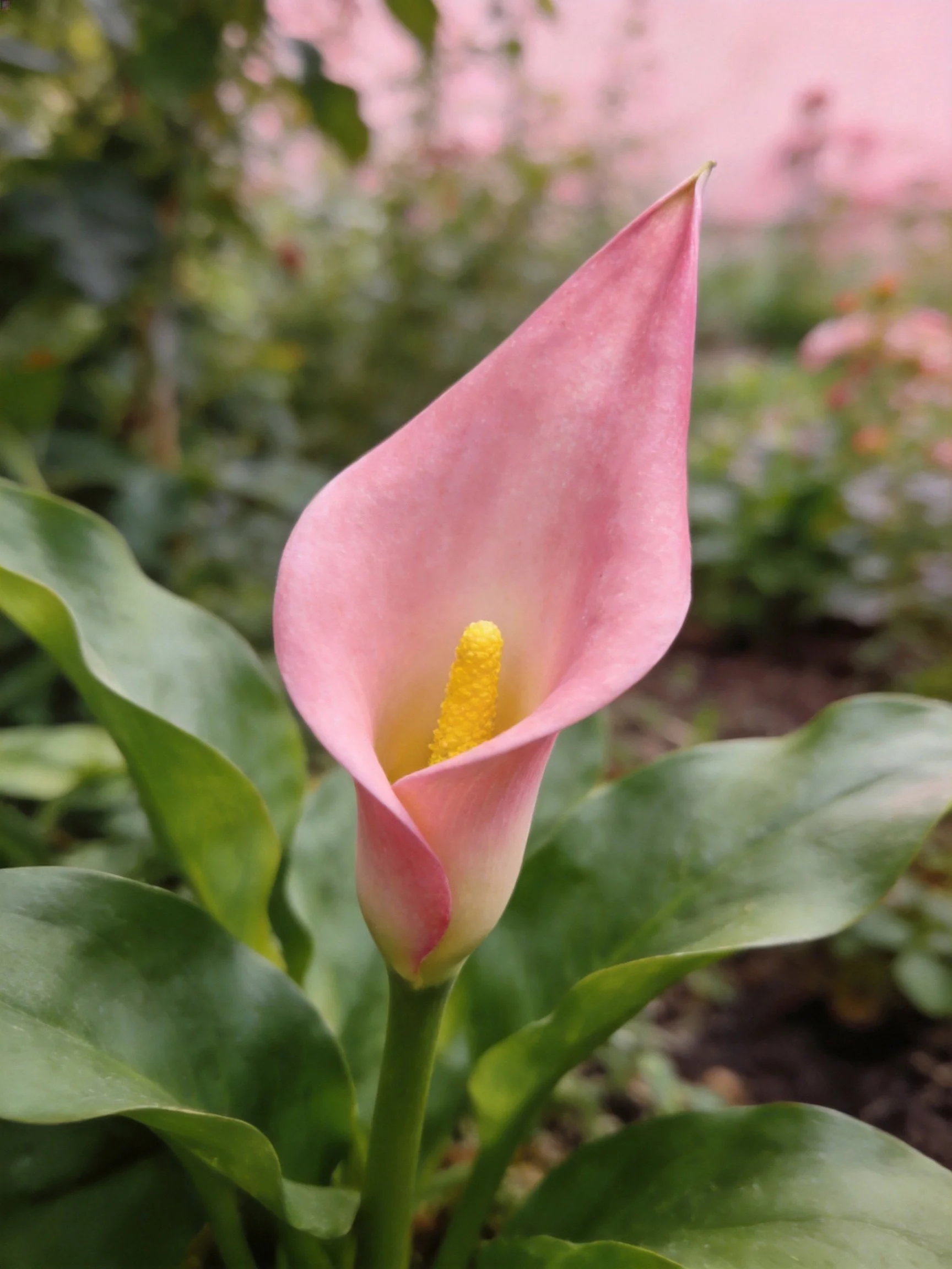 A single pink calla lily with broad green leaves in a garden