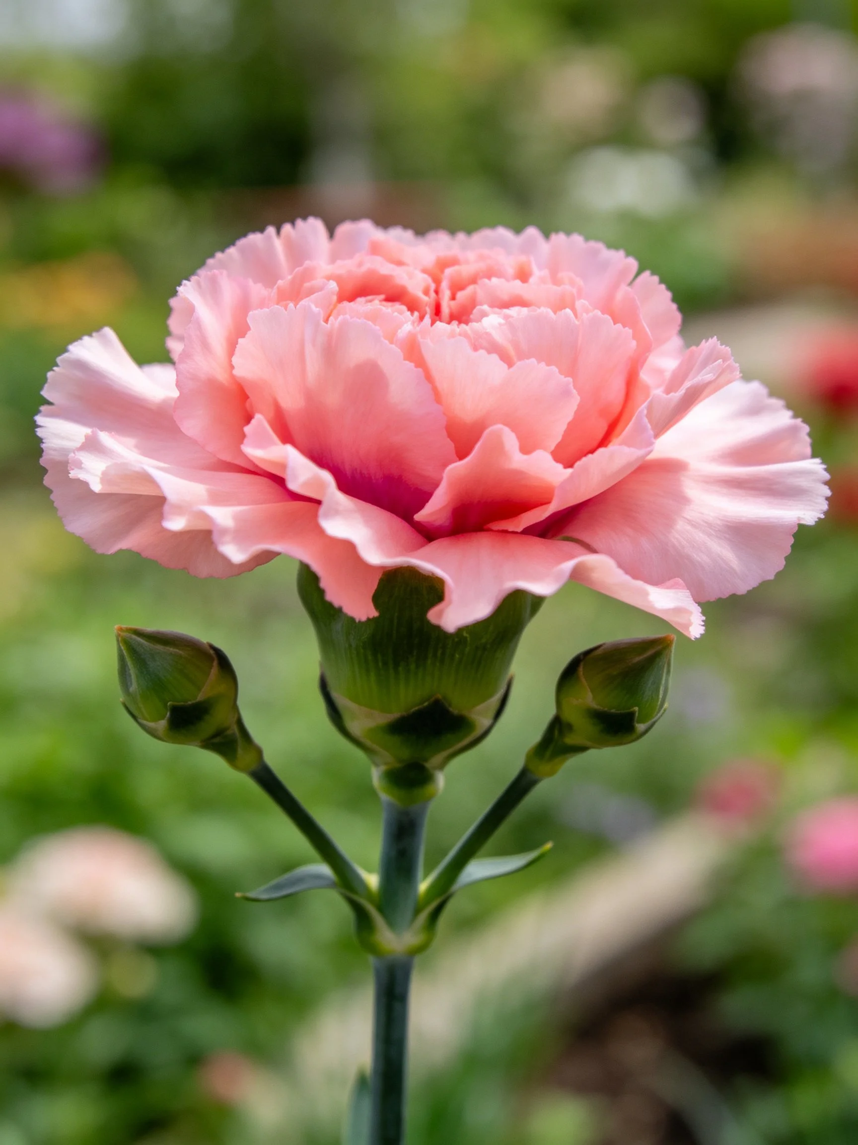 A single pink carnation with two unopened buds