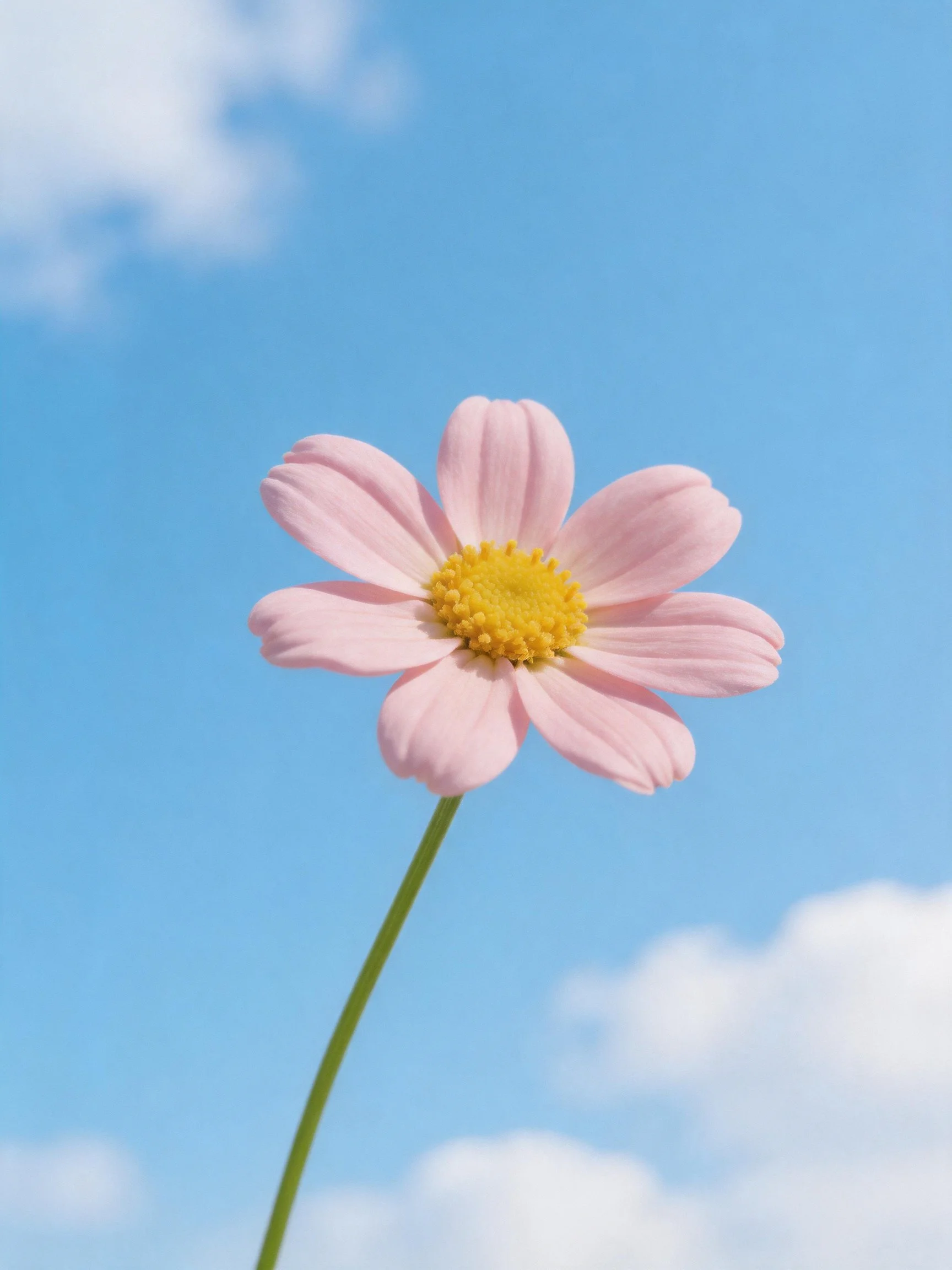 A single pink cosmos flower against a clear blue sky