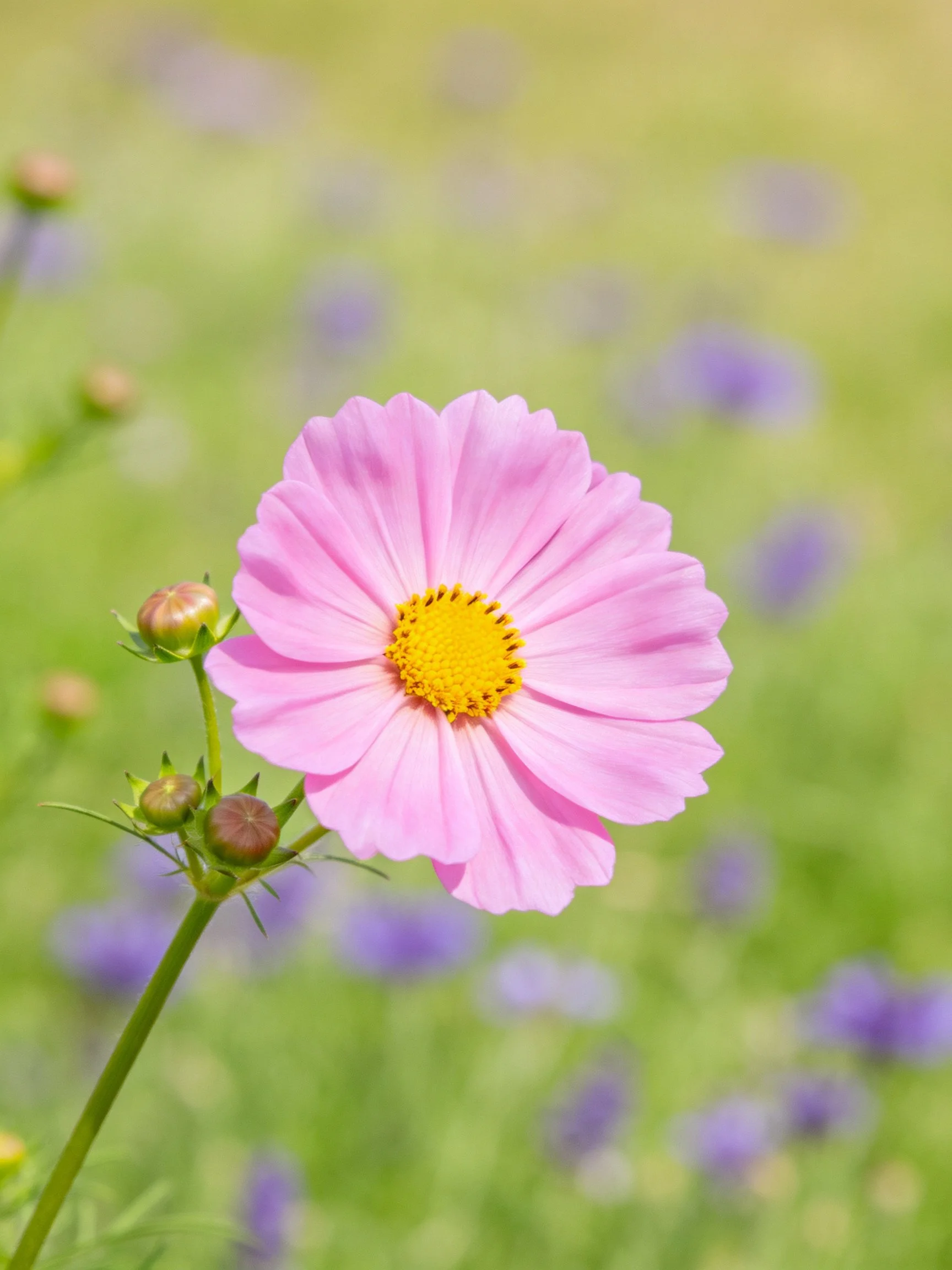 A close - up of a pink cosmos flower with a yellow center amidst blurred green and purple floral surroundings.