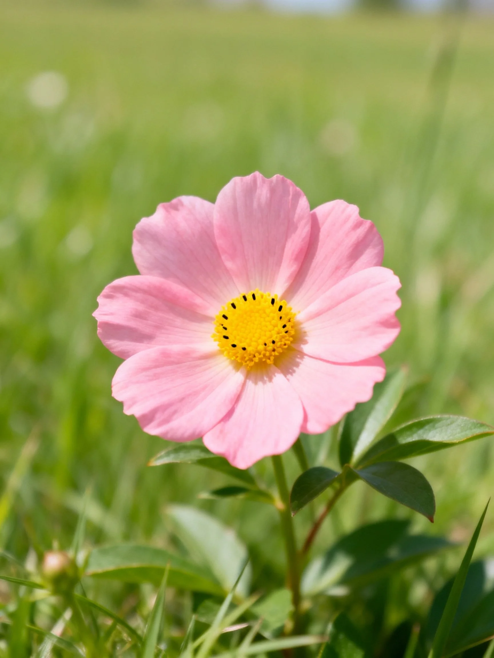 A single pink cosmos flower with yellow center in a green meadow