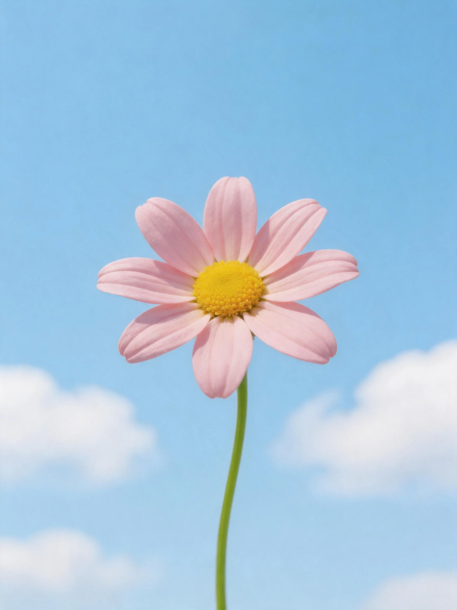 A single pink daisy with yellow center against a clear blue sky
