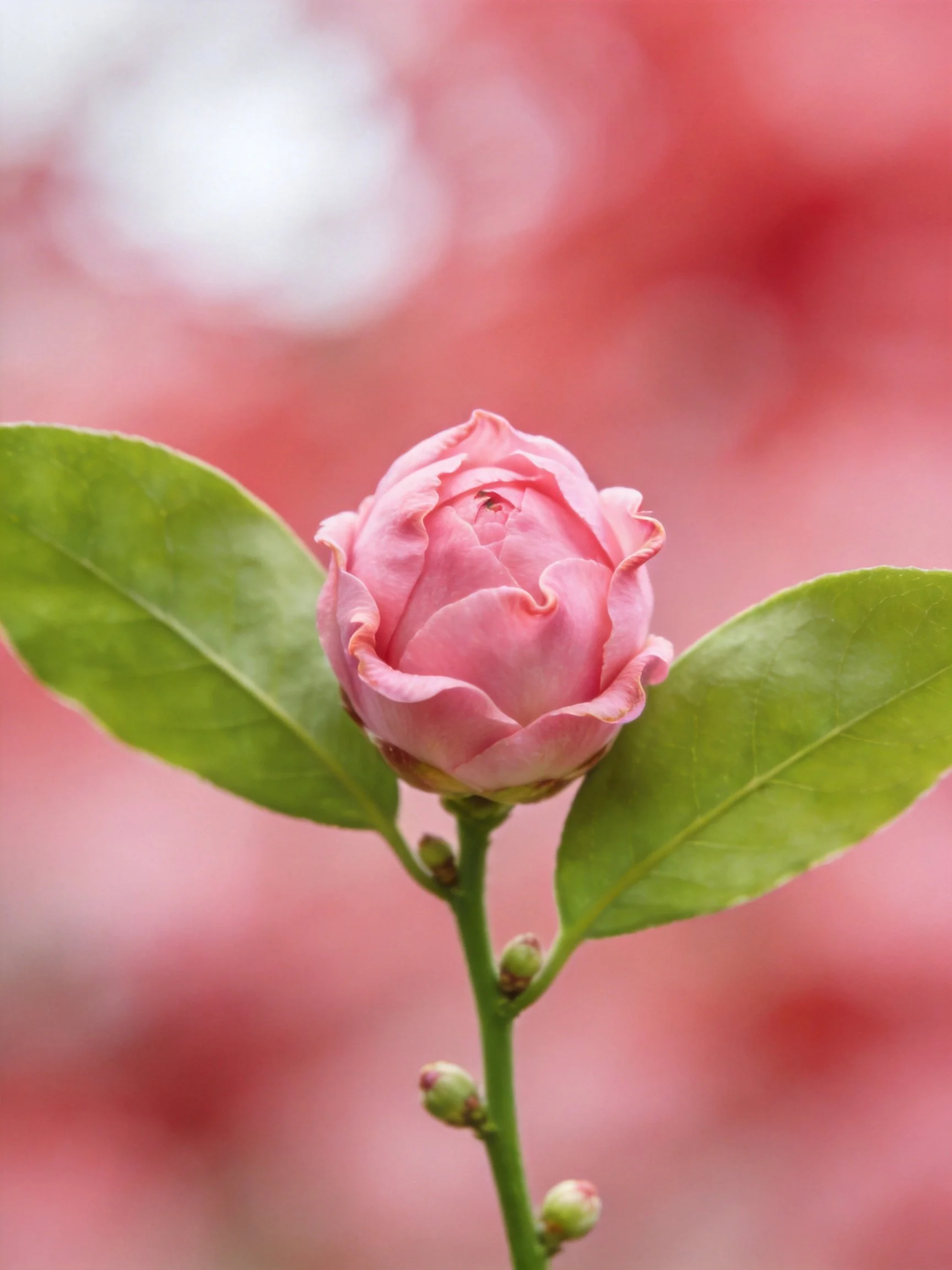 A single pink flower bud with glossy green leaves