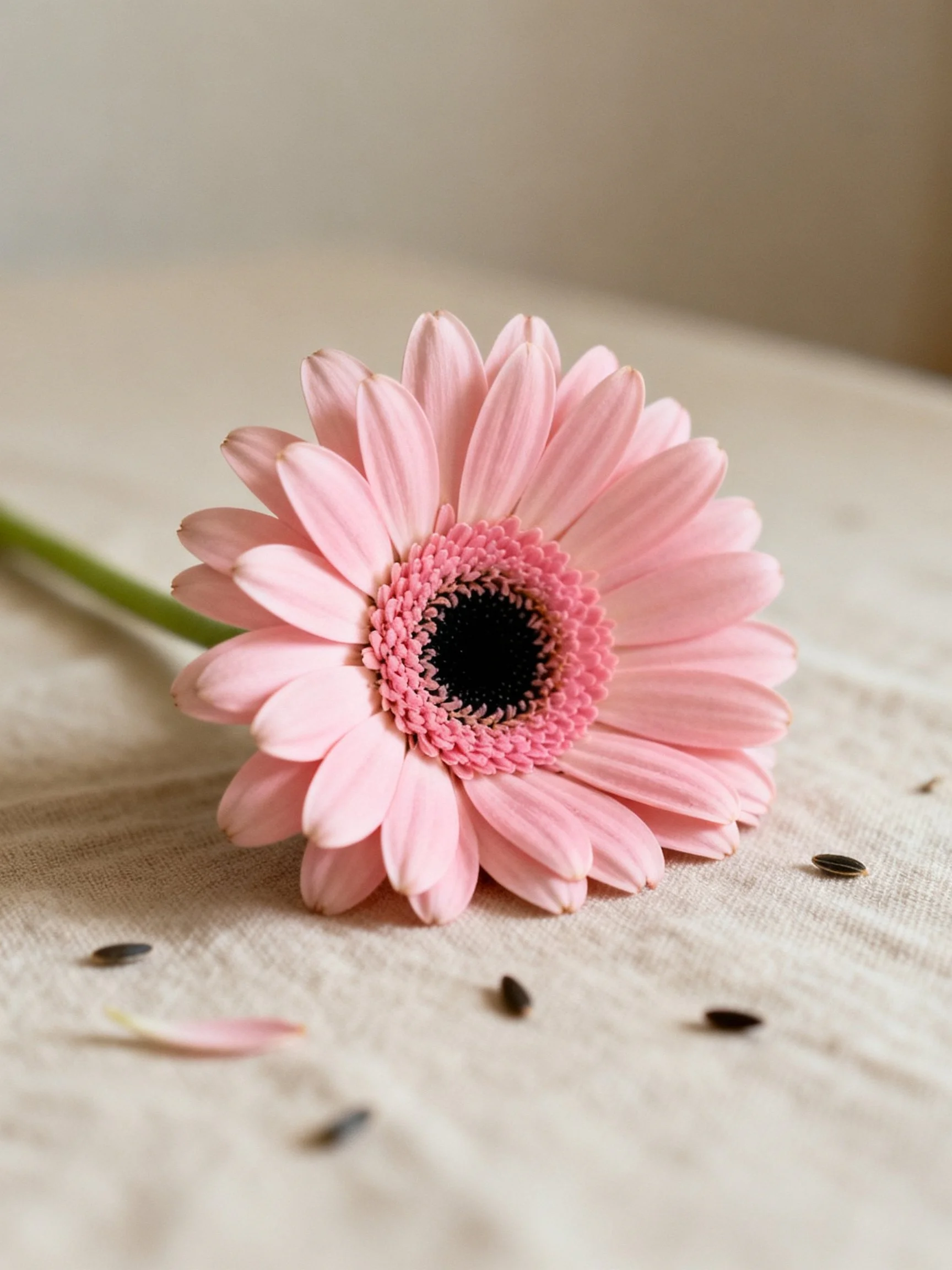 A single pink gerbera daisy rests on a beige cloth with scattered seeds