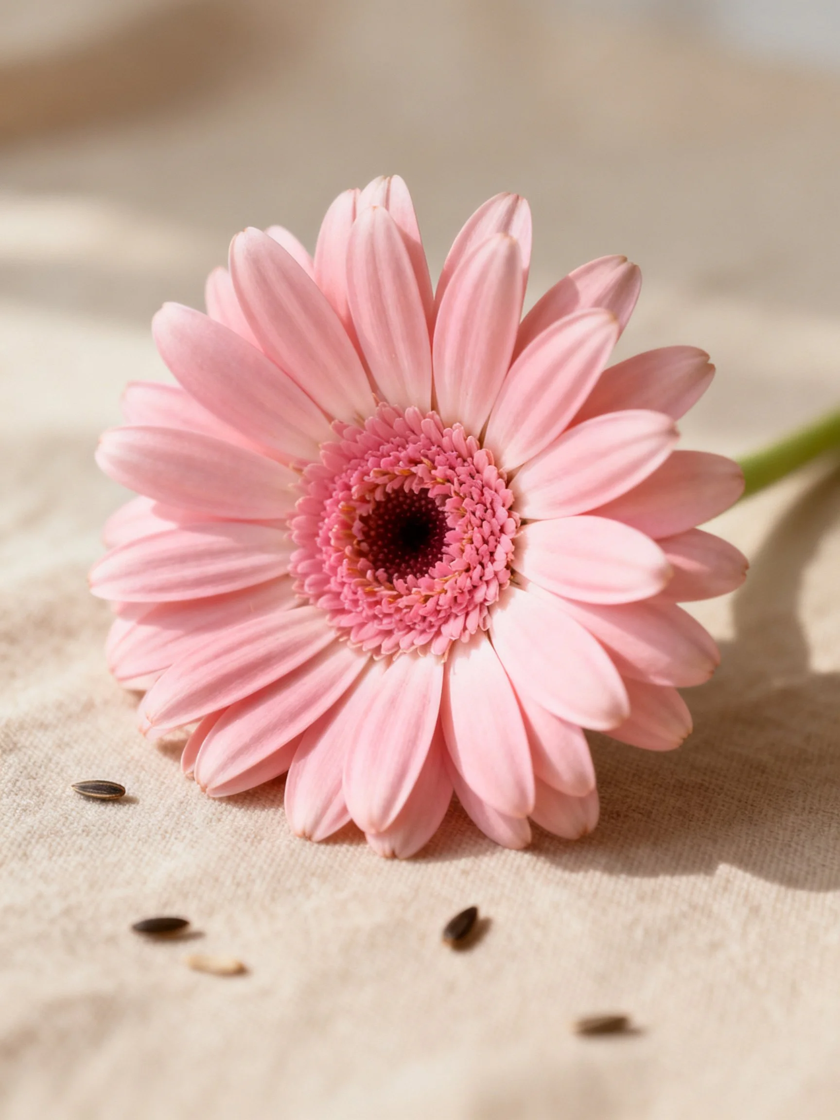 A single pink gerbera flower on a beige cloth with scattered seeds