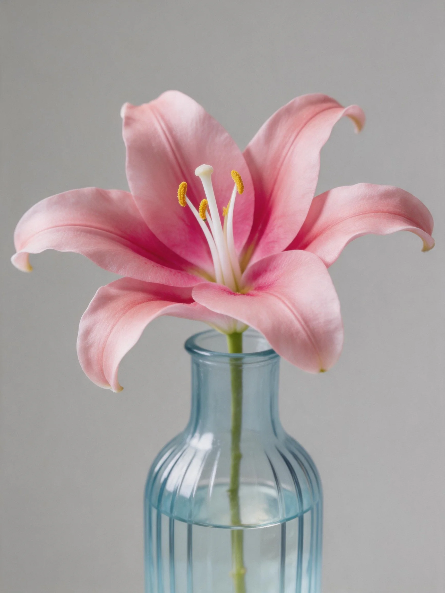 A single pink lily in a clear blue glass vase