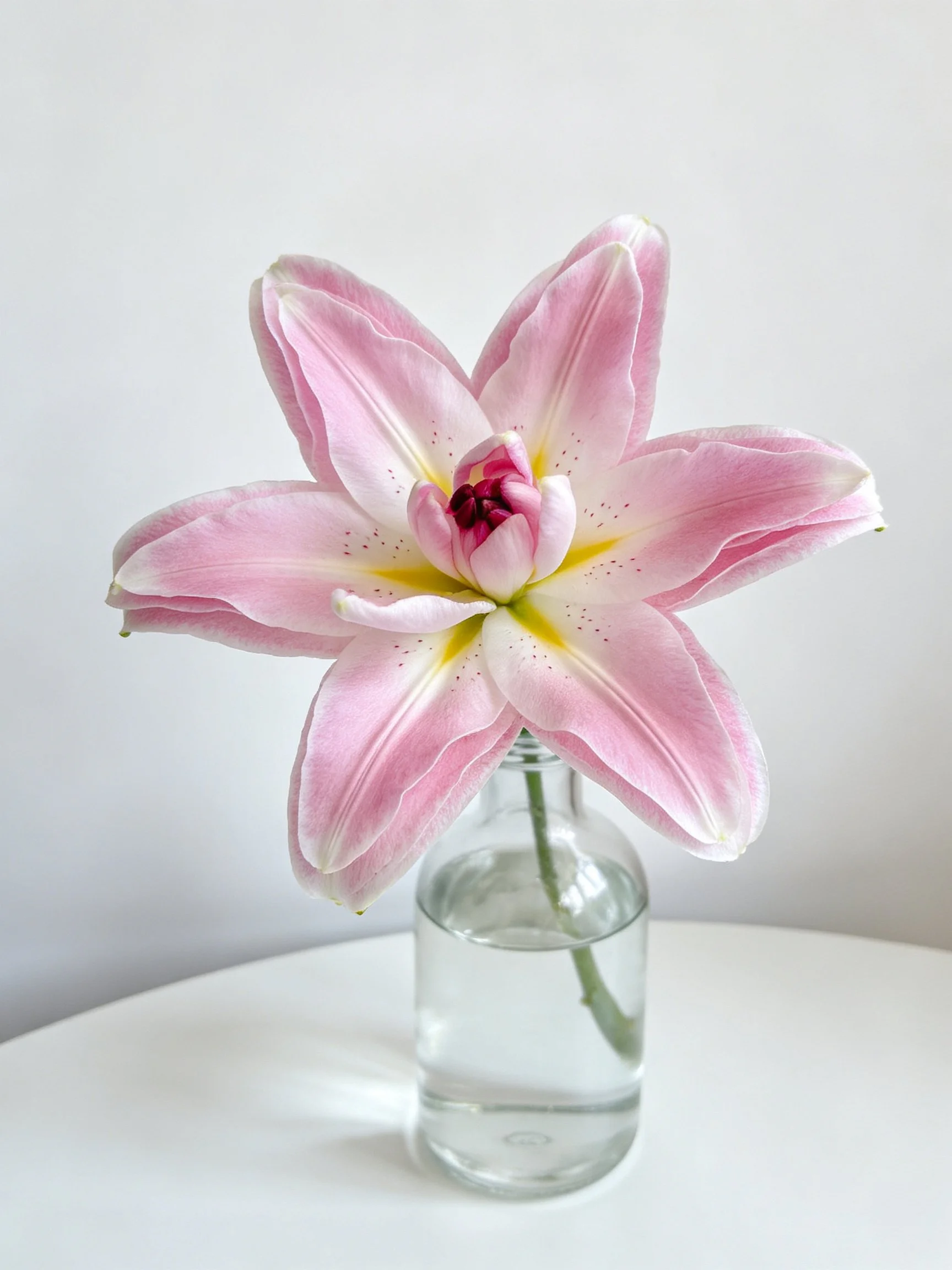 A single pink lily in a clear glass vase with water