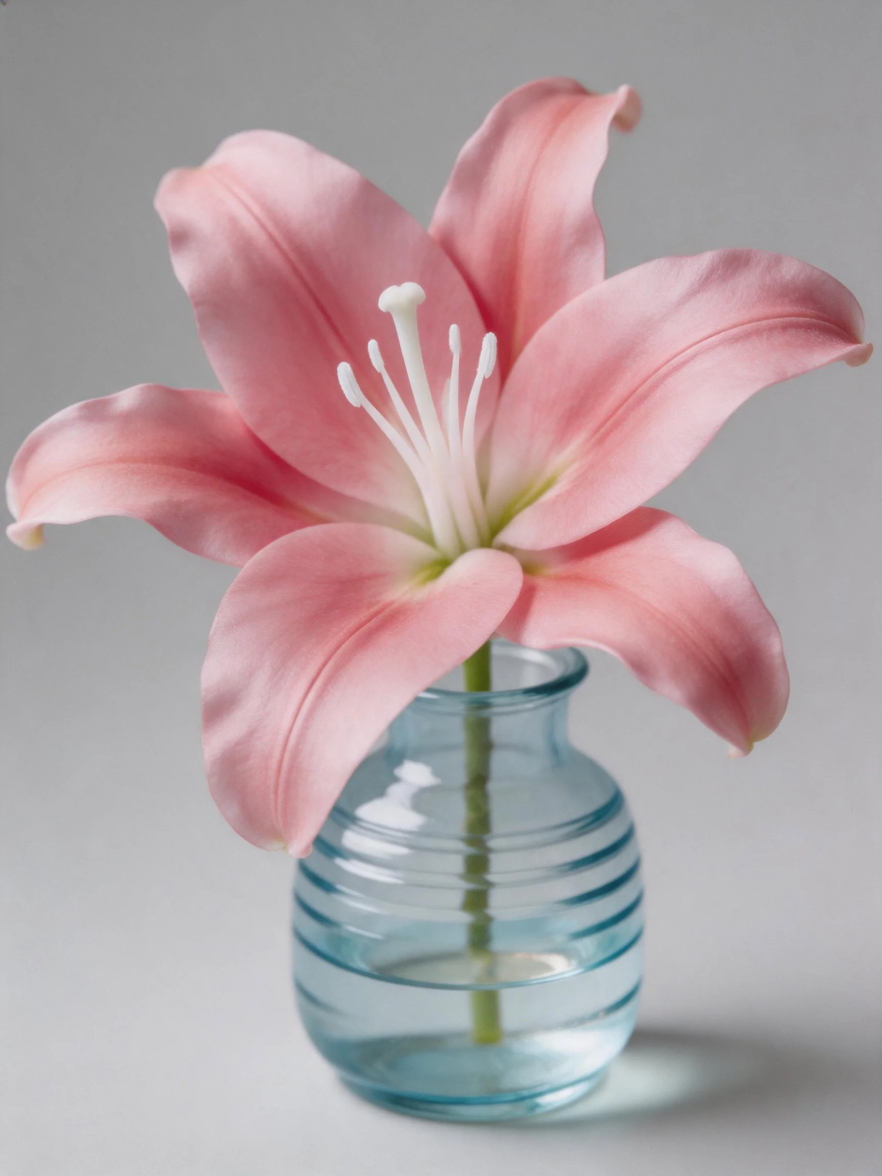 A single pink lily in a ribbed blue glass vase