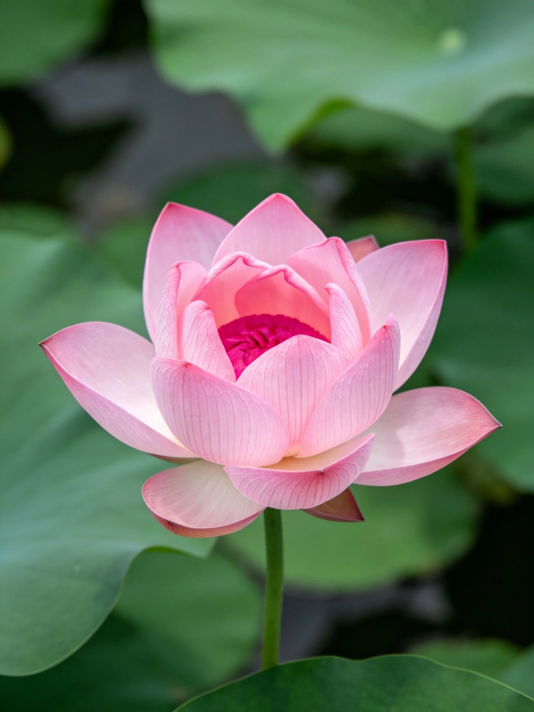 A single pink lotus blooms amid large green leaves