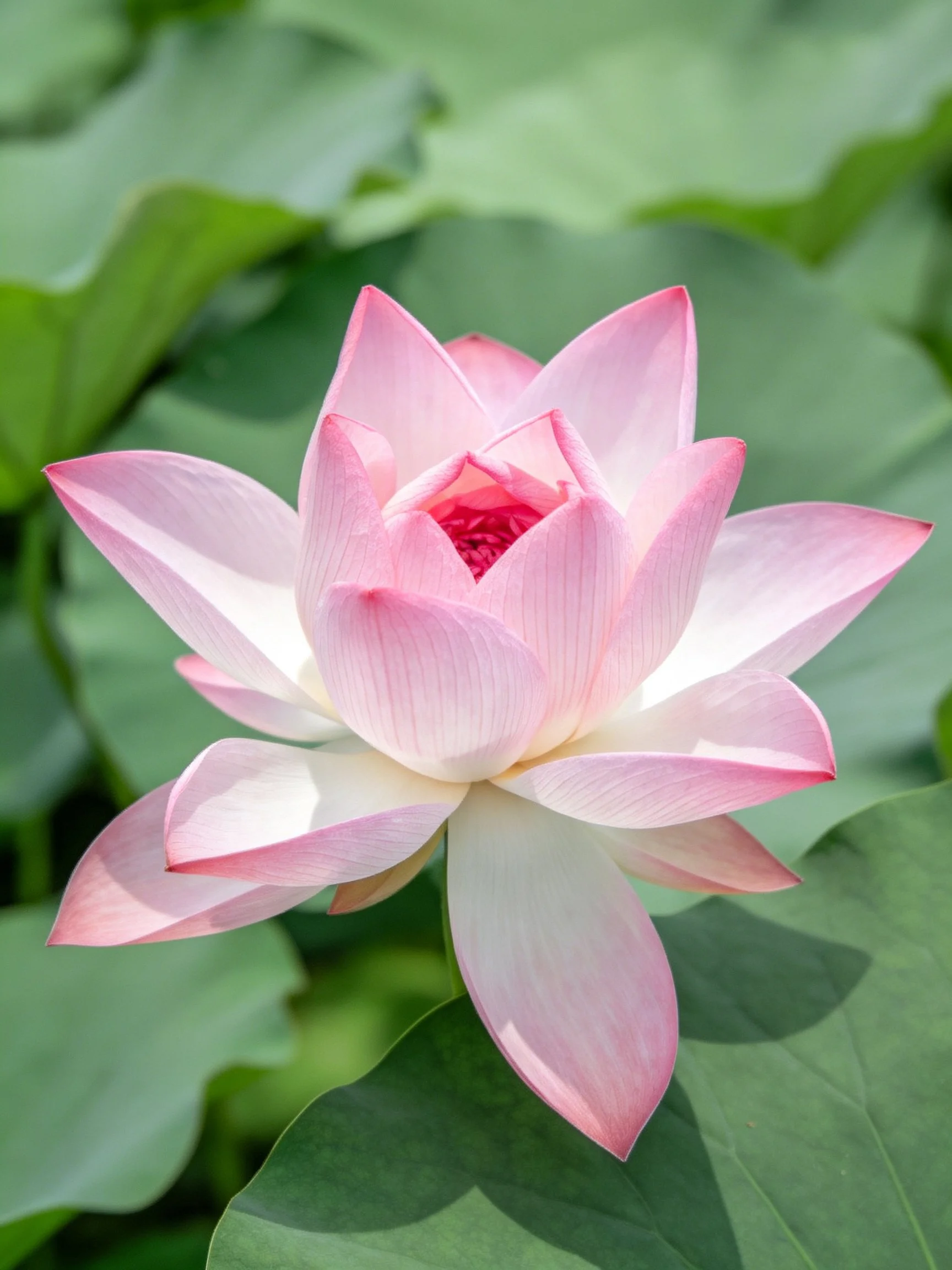 A single pink lotus blooms amid lush green foliage