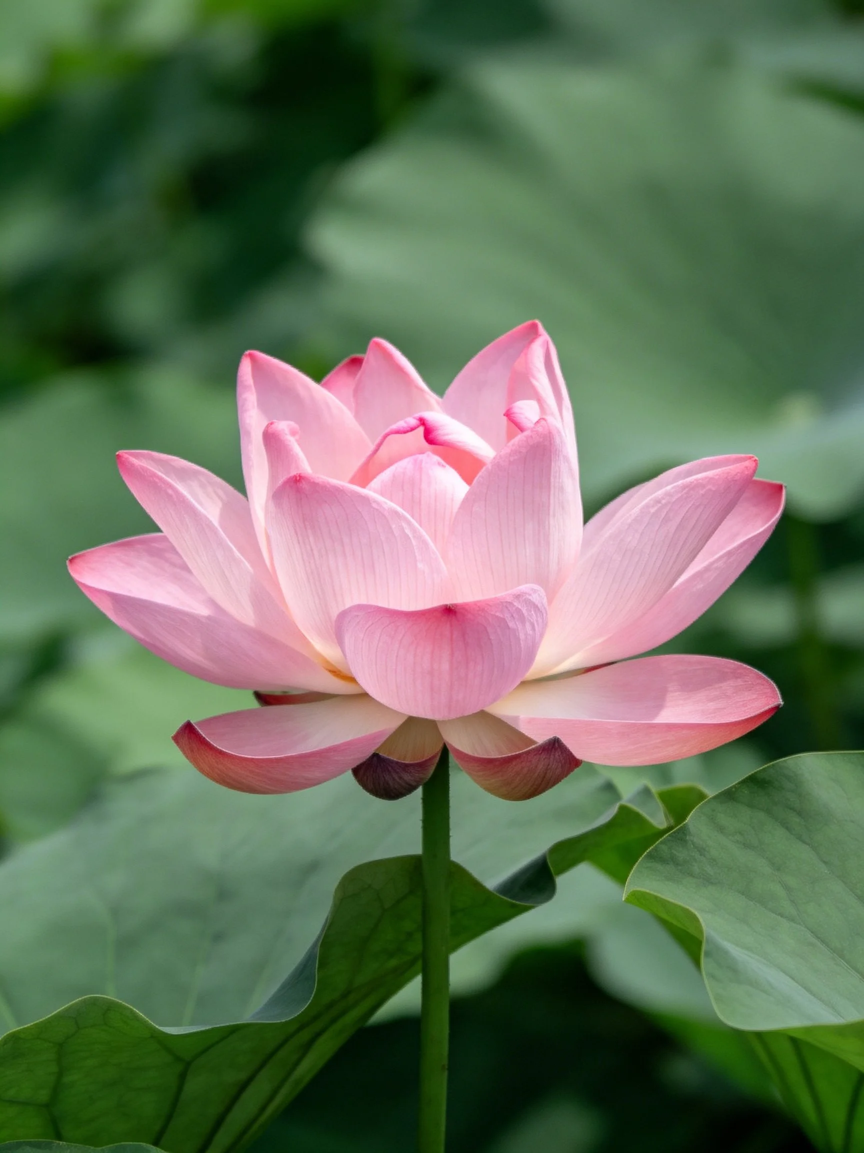 A single pink lotus blooms among large green leaves