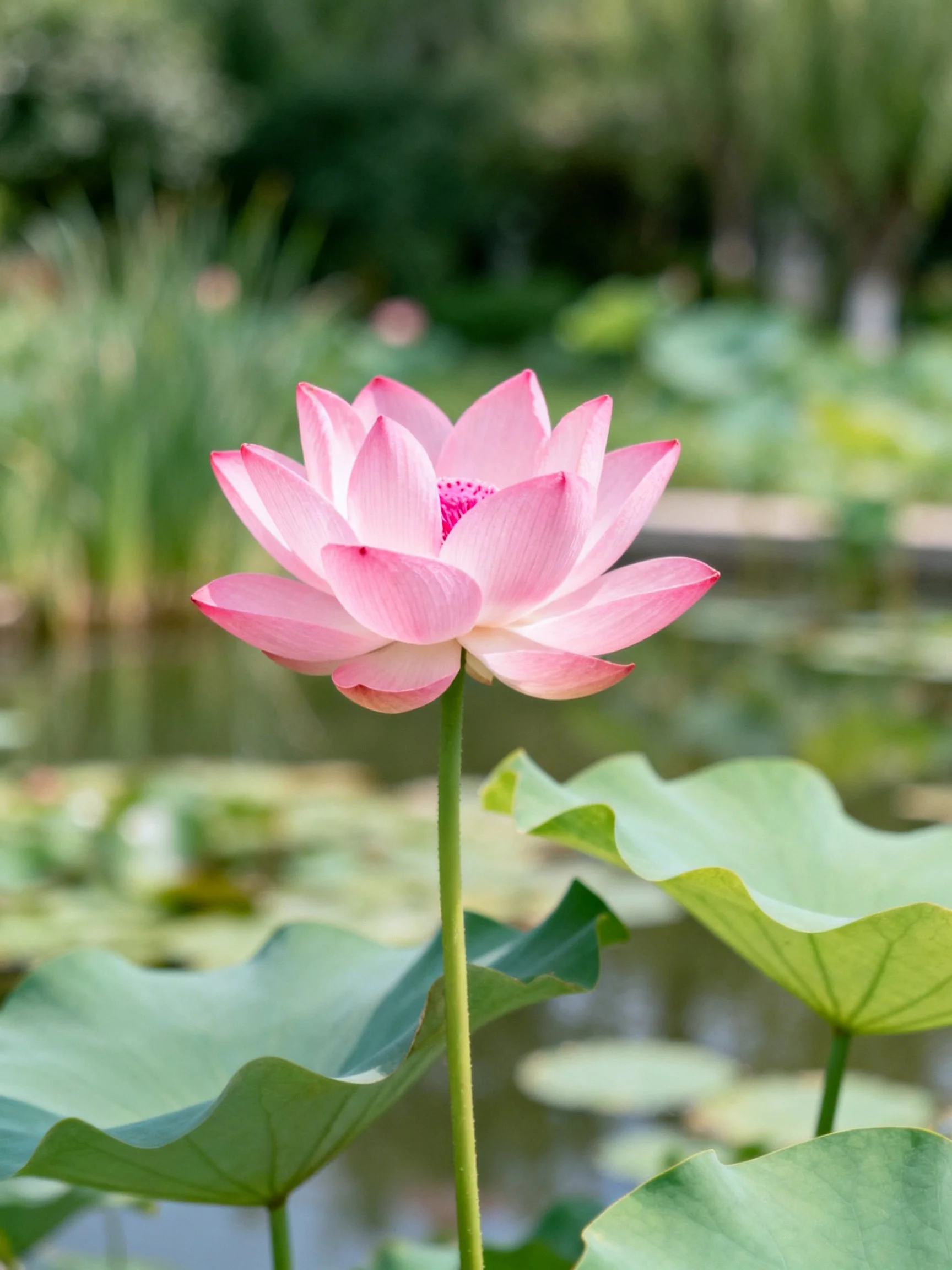 A single pink lotus blooms among large green leaves by tranquil water