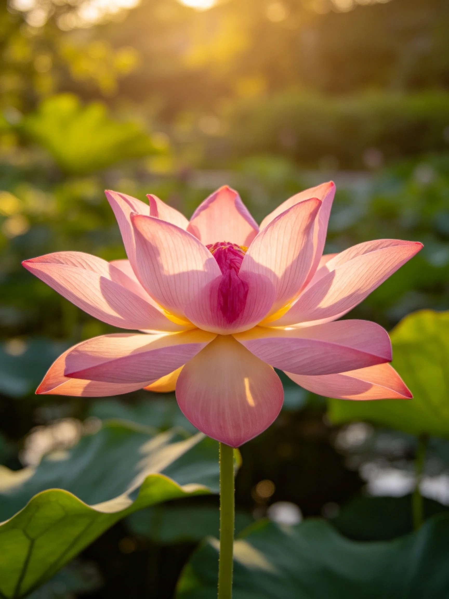 A single pink lotus blooms vibrantly among green foliage under golden sunlight