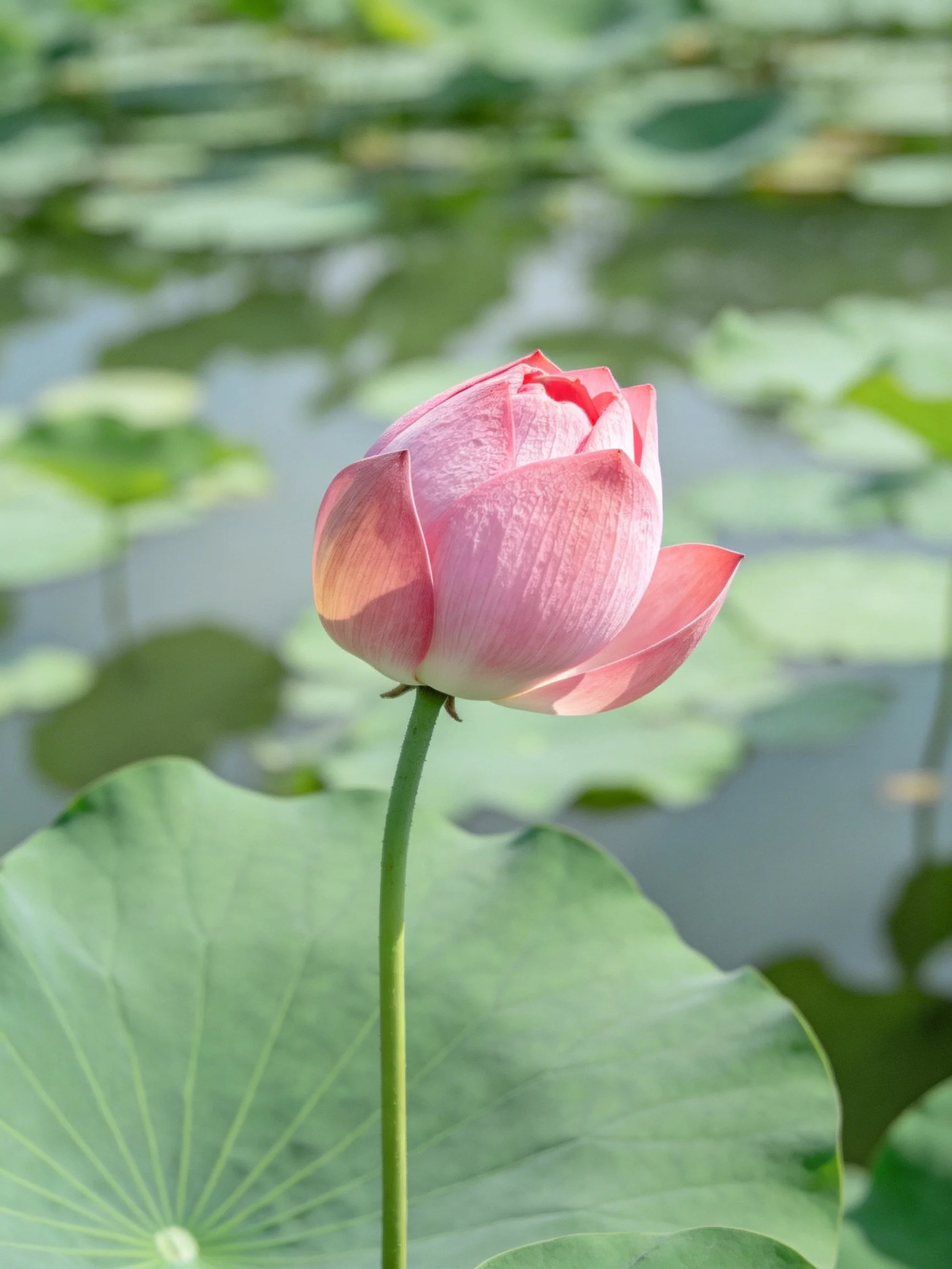 A single pink lotus bud amidst large green lily pads
