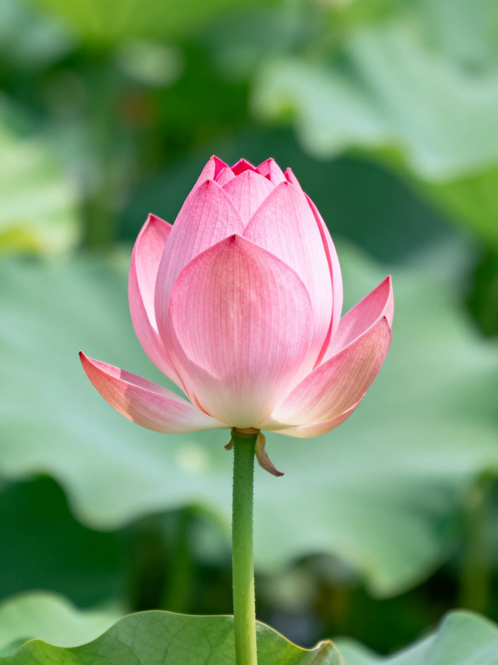 A single pink lotus bud surrounded by green foliage