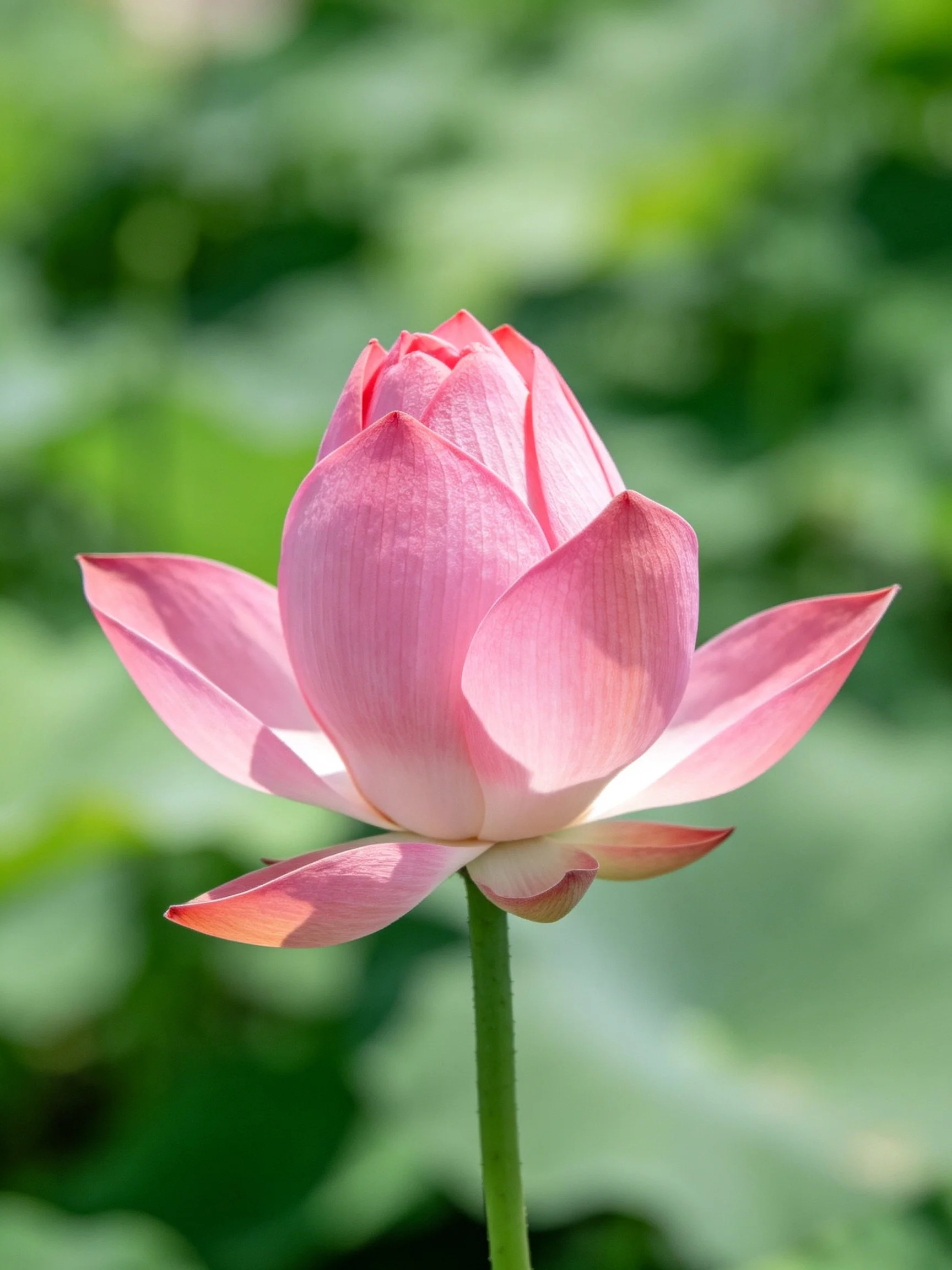 A single pink lotus bud with green foliage backdrop