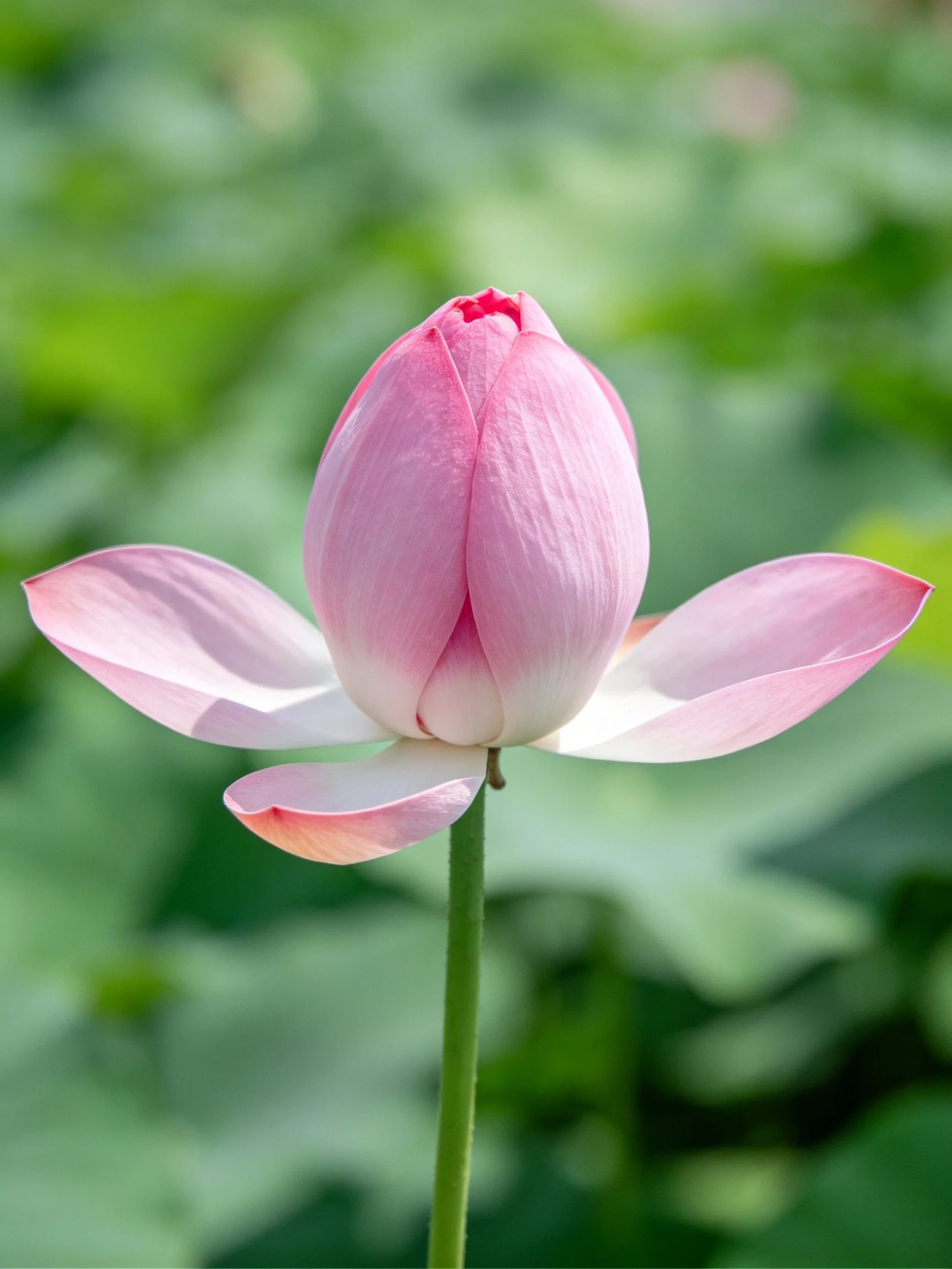 A single pink lotus bud with open petals amid green foliage
