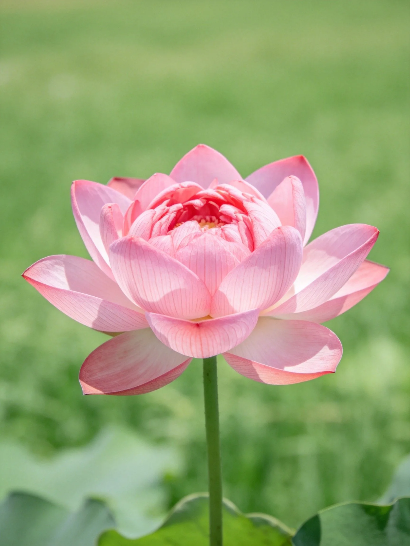 A single pink lotus flower stands out against a blurred green backdrop.