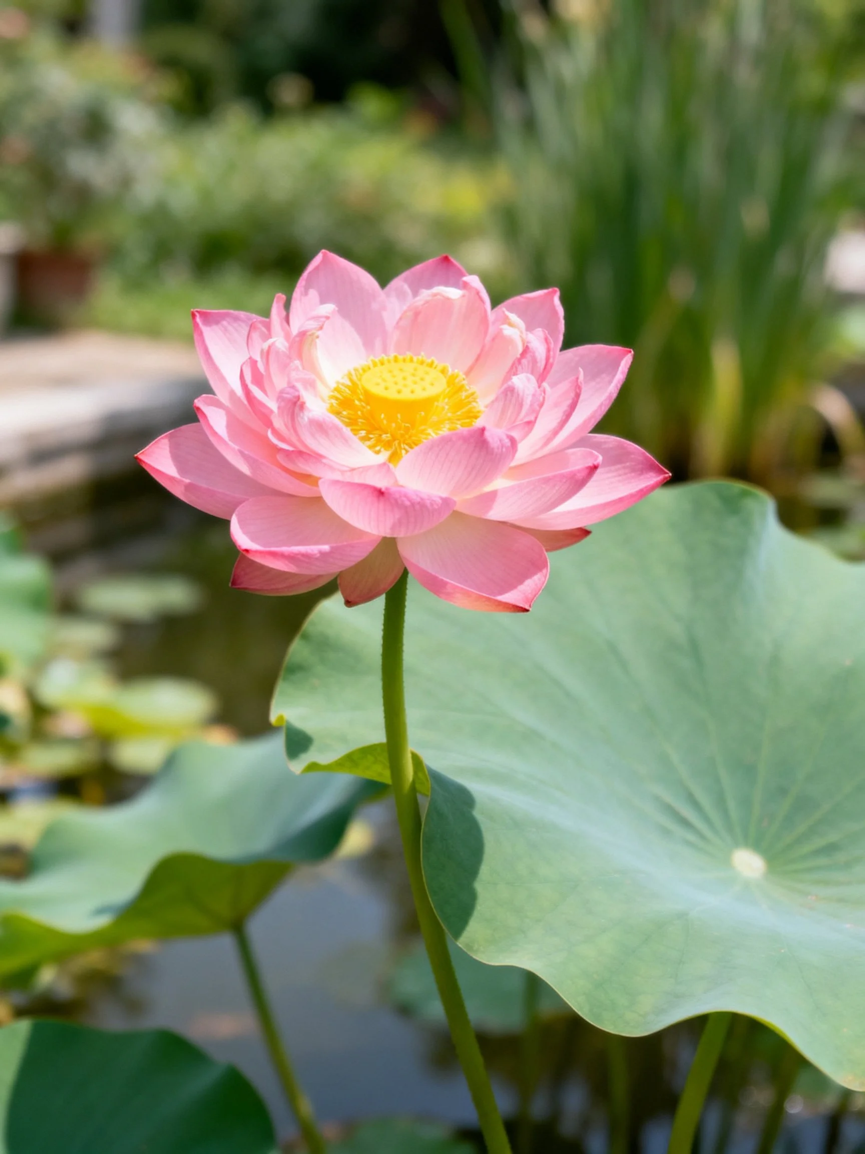 A single pink lotus with a yellow center near large green lily pads