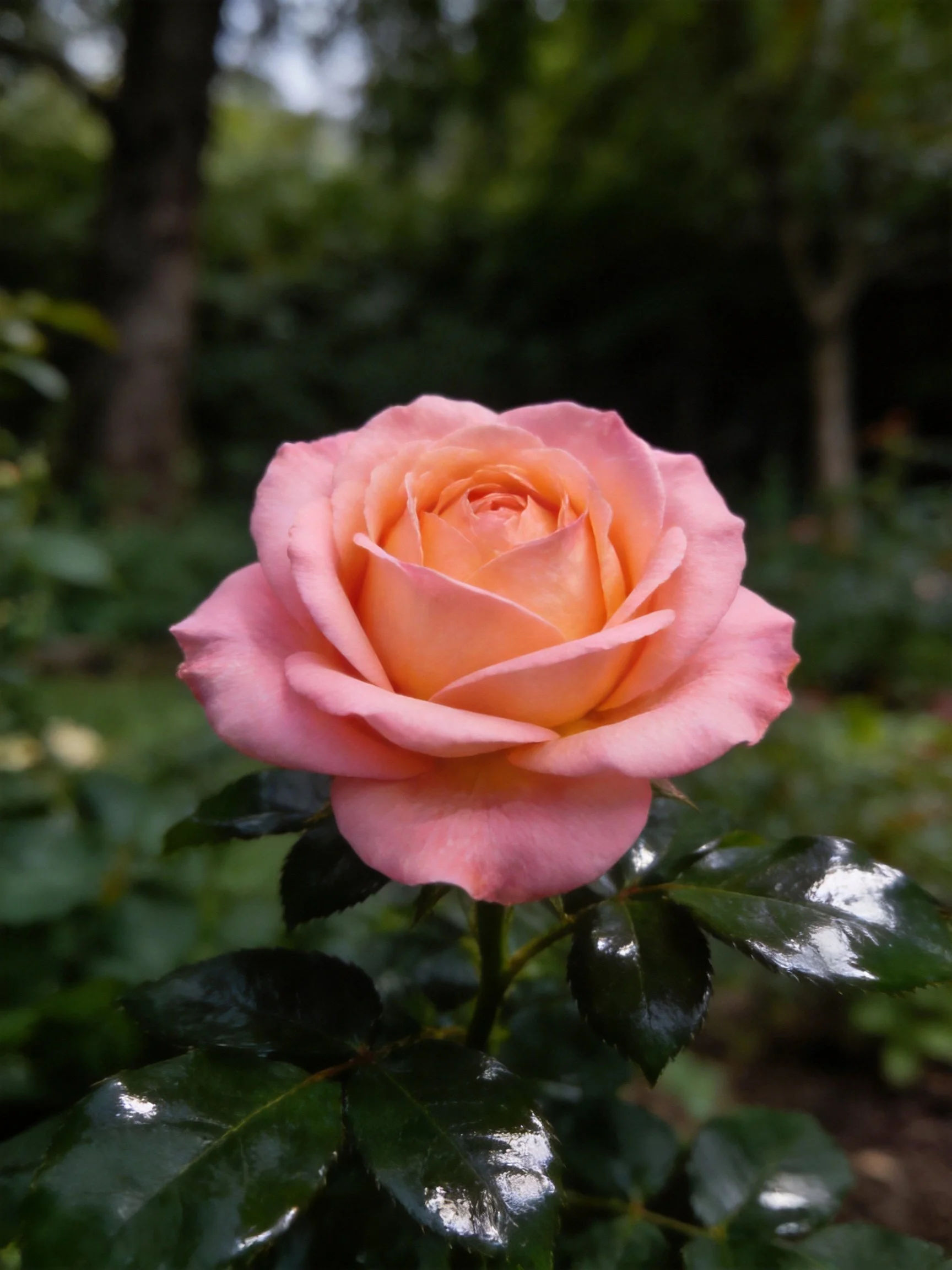 A single pink-orange rose with glossy dark leaves