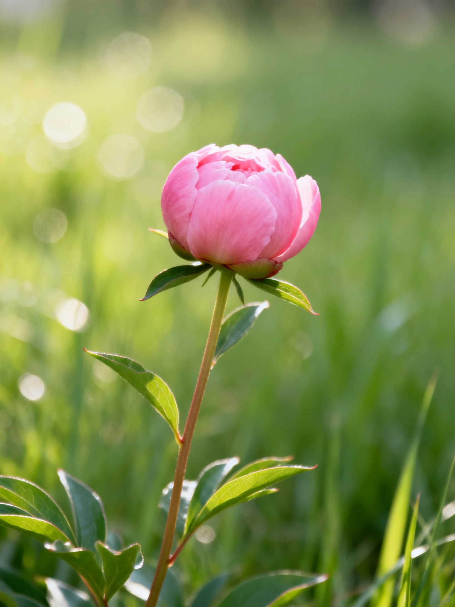 A single pink peony bud with green foliage in a sunlit meadow