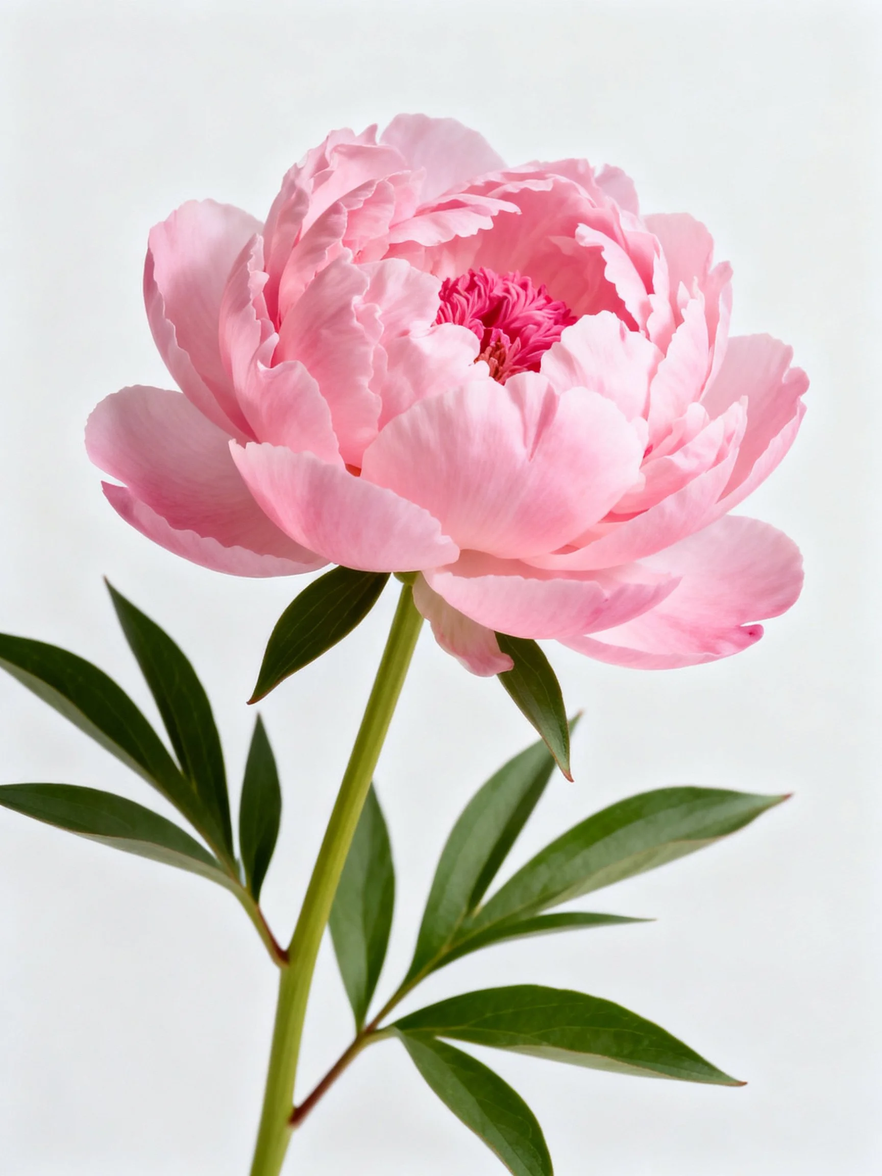 A single pink peony flower with green leaves against white