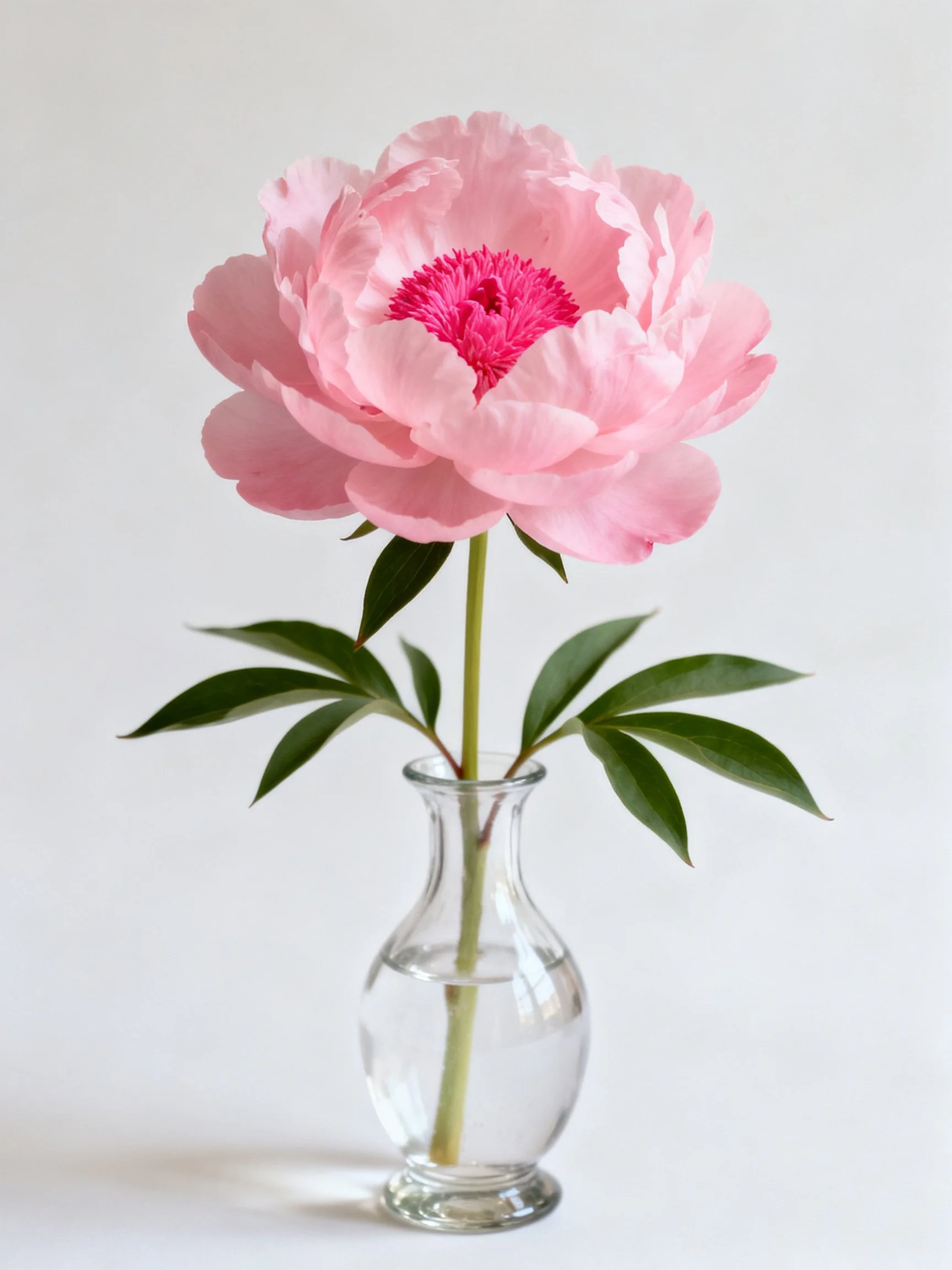 A single pink peony in a small clear glass vase