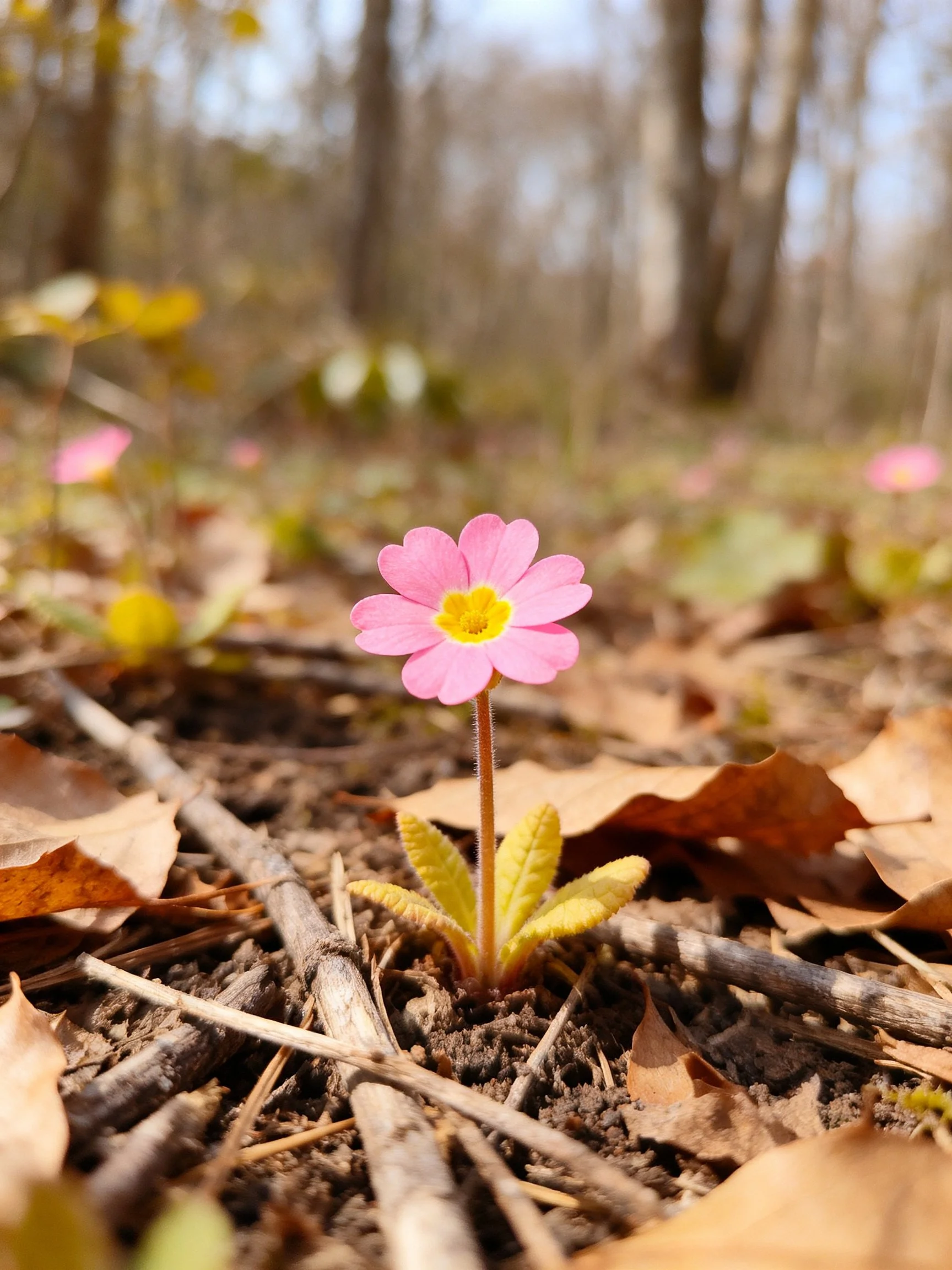 A single pink primrose blooms among brown fallen leaves and twigs