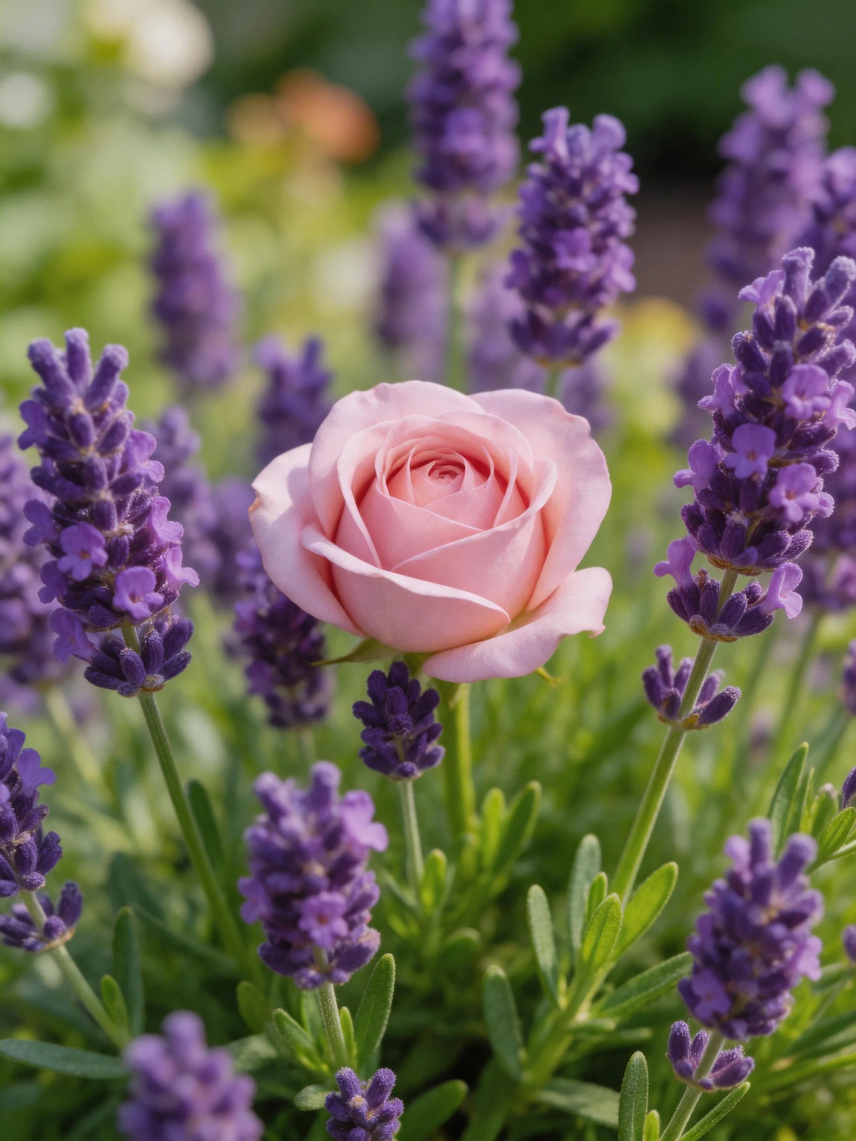 A single pink rose amid numerous purple lavender blooms