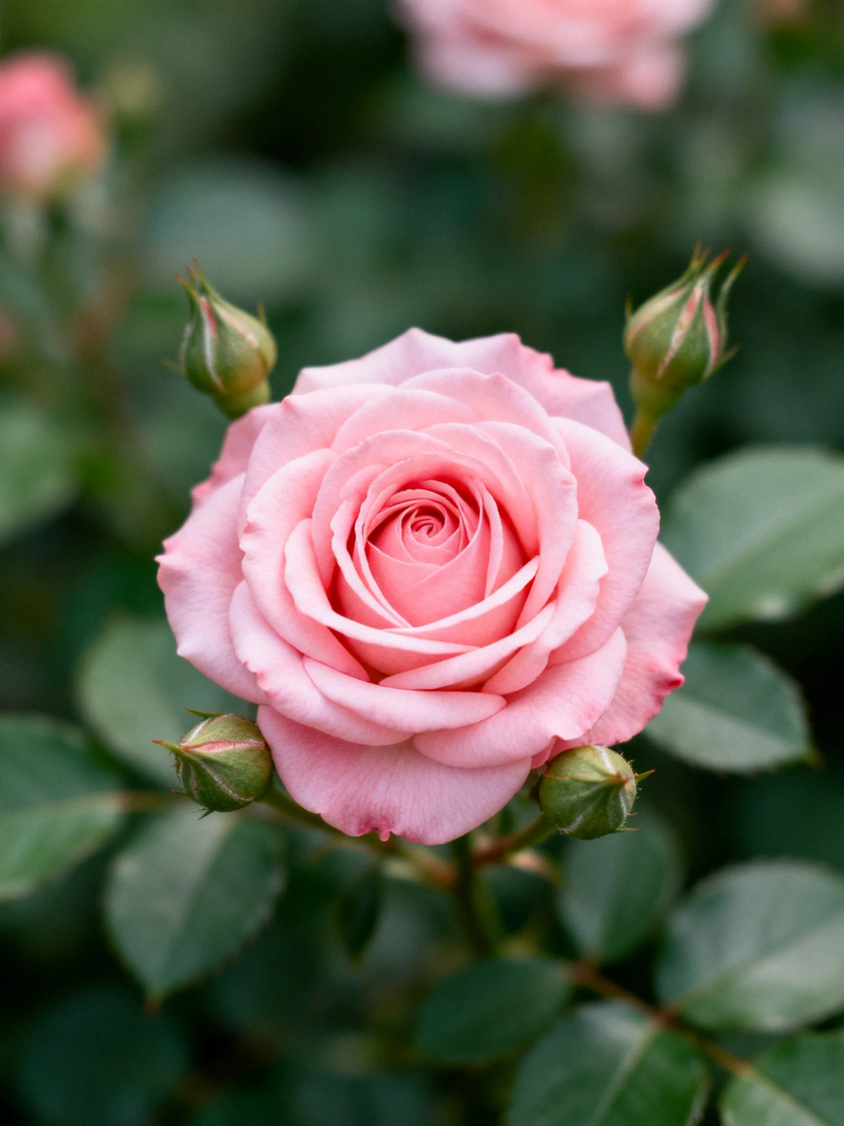 A single pink rose blooms amid green buds and foliage
