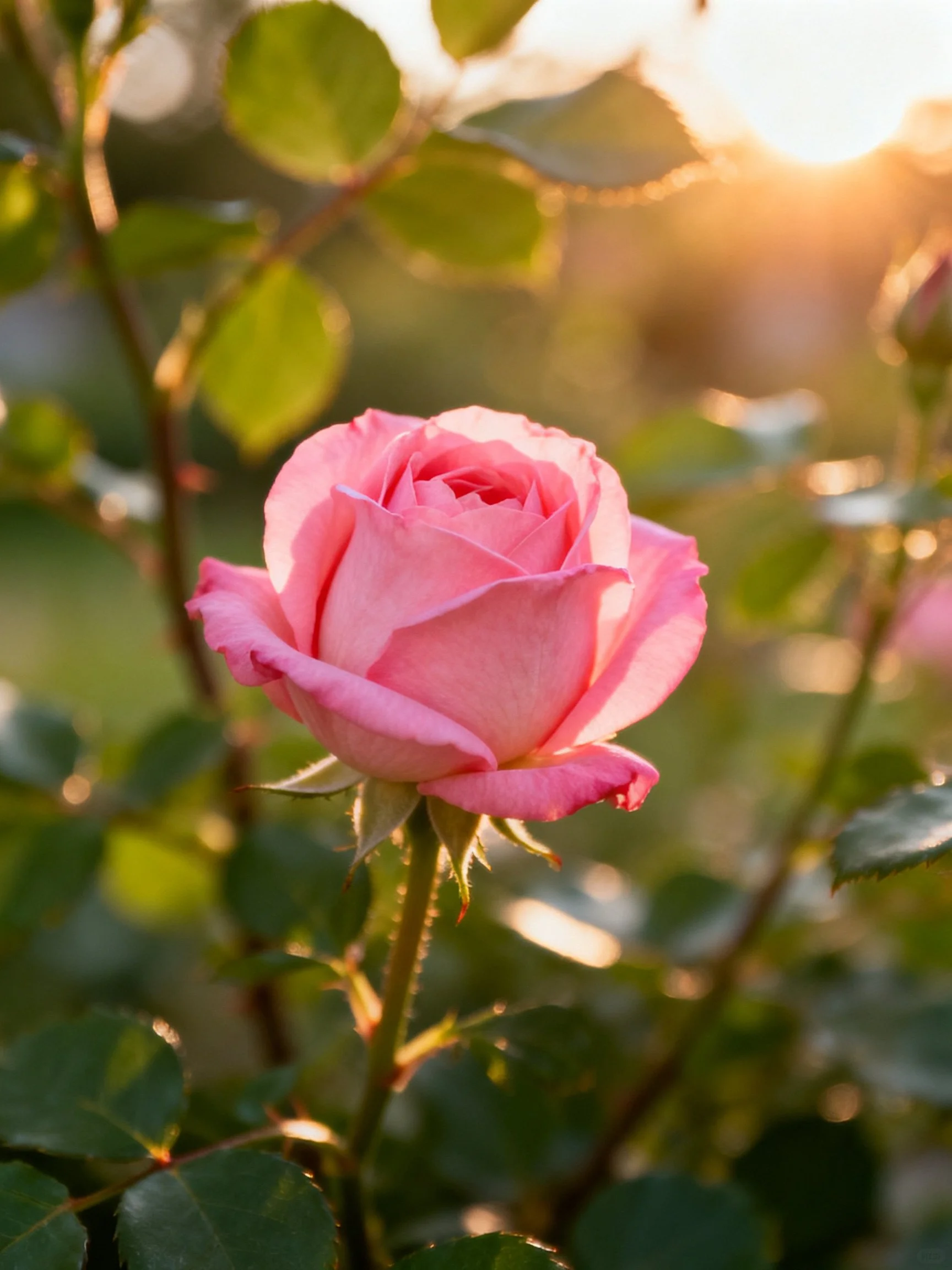 A single pink rose stands out among green foliage in a sunlit setting.