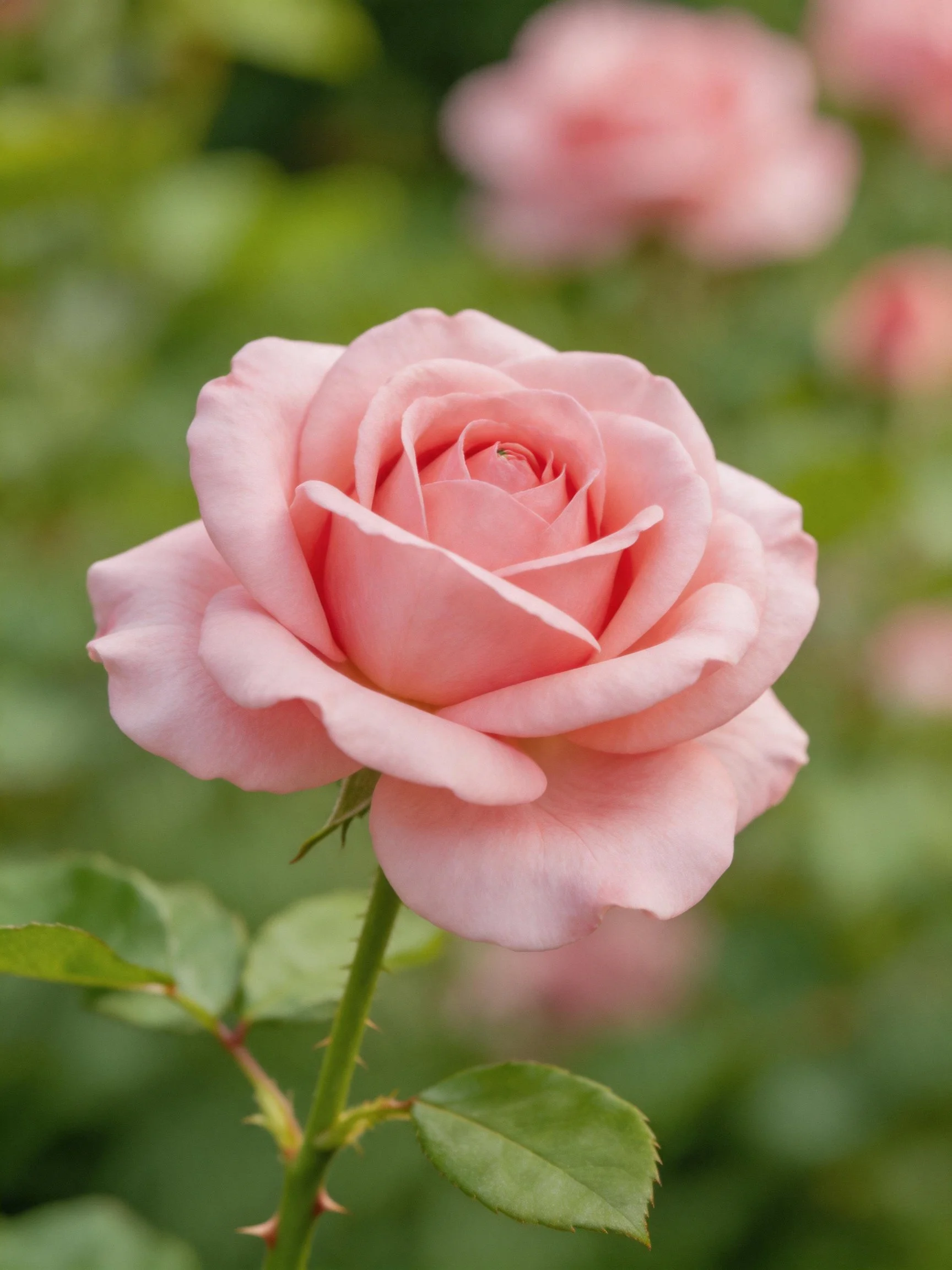 A single pink rose in sharp focus with blurred green foliage