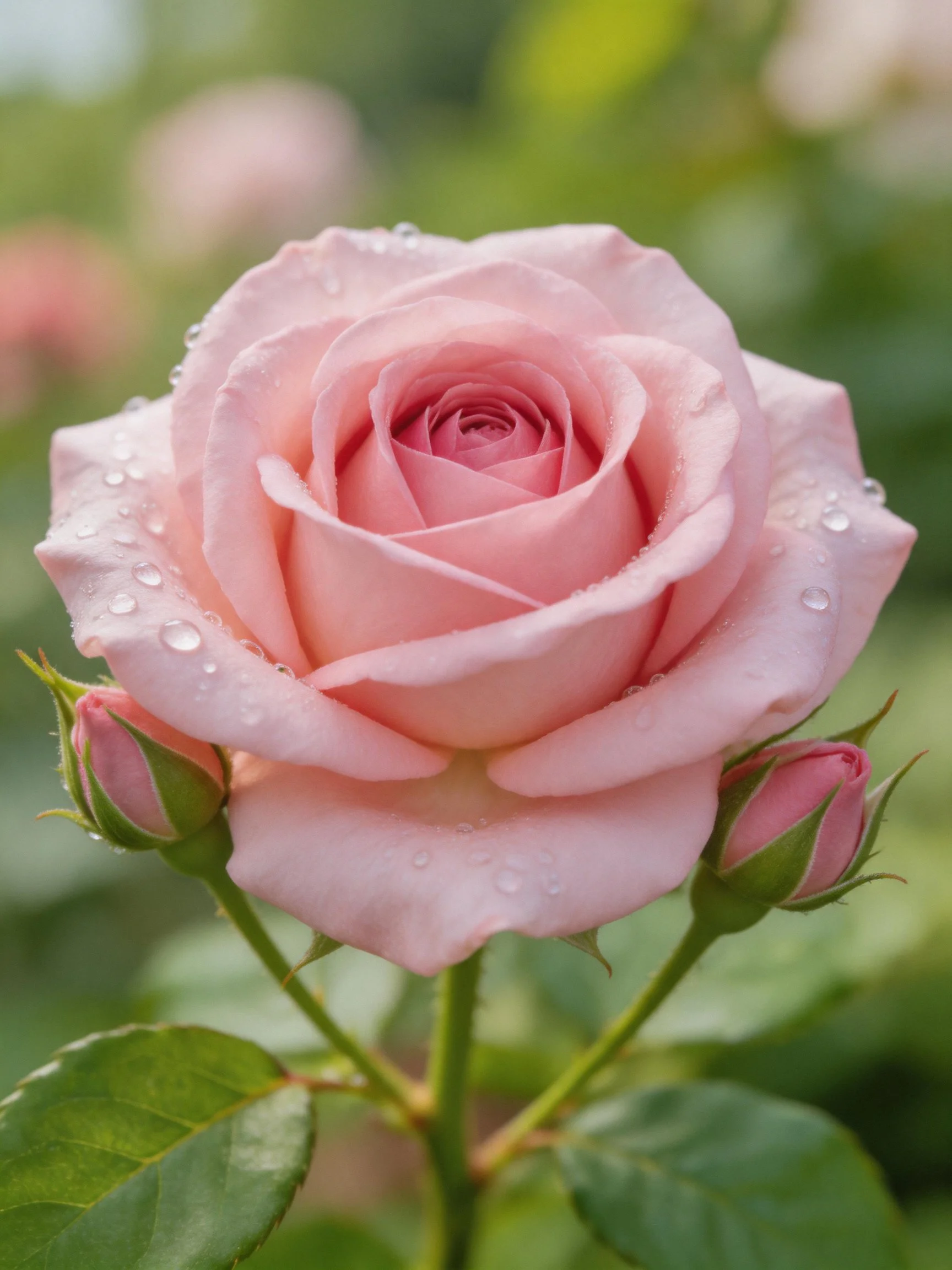 A single pink rose with dew dropsand two rosebuds