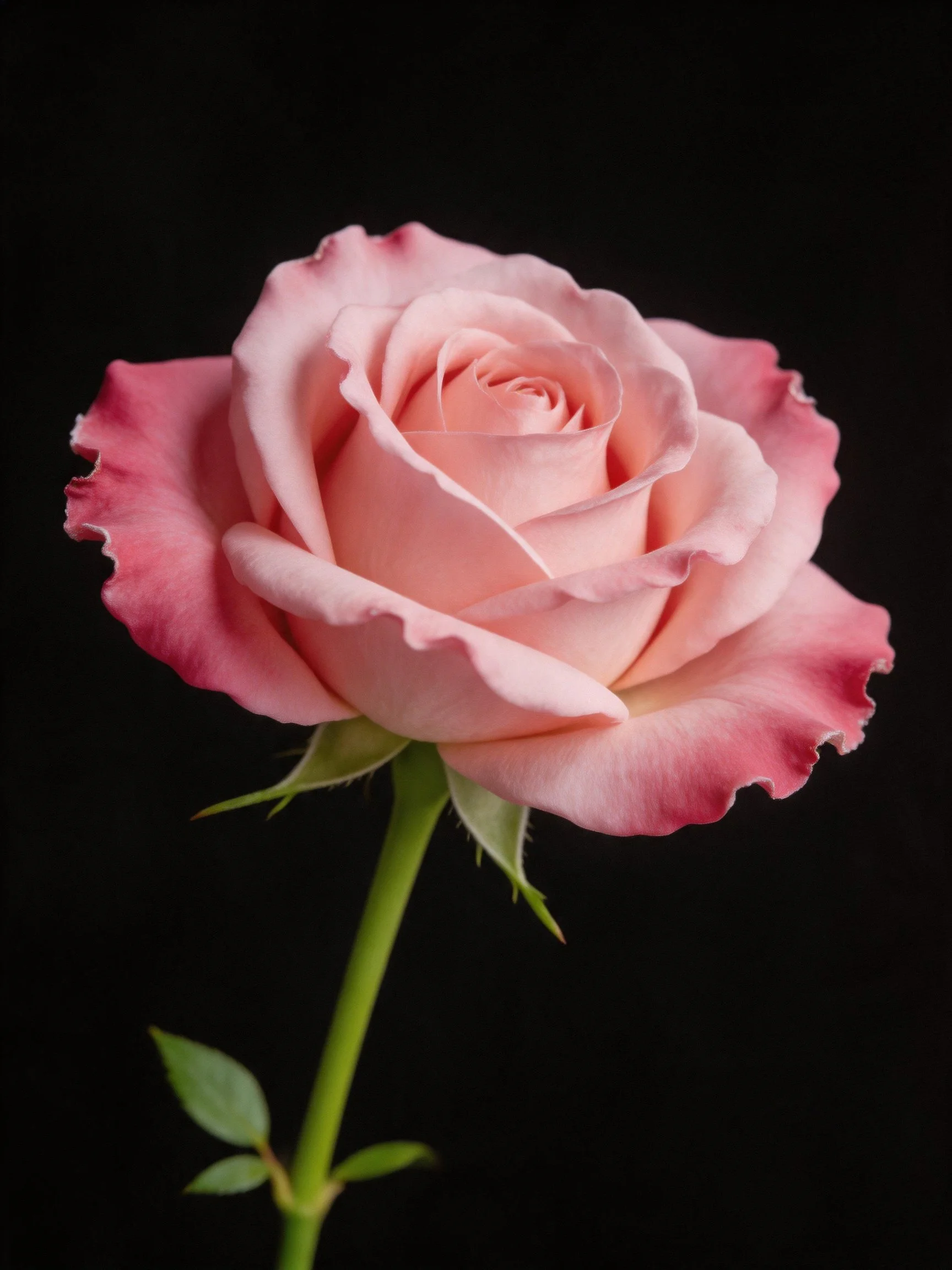 A single pink rose with gradient petals against a black backdrop