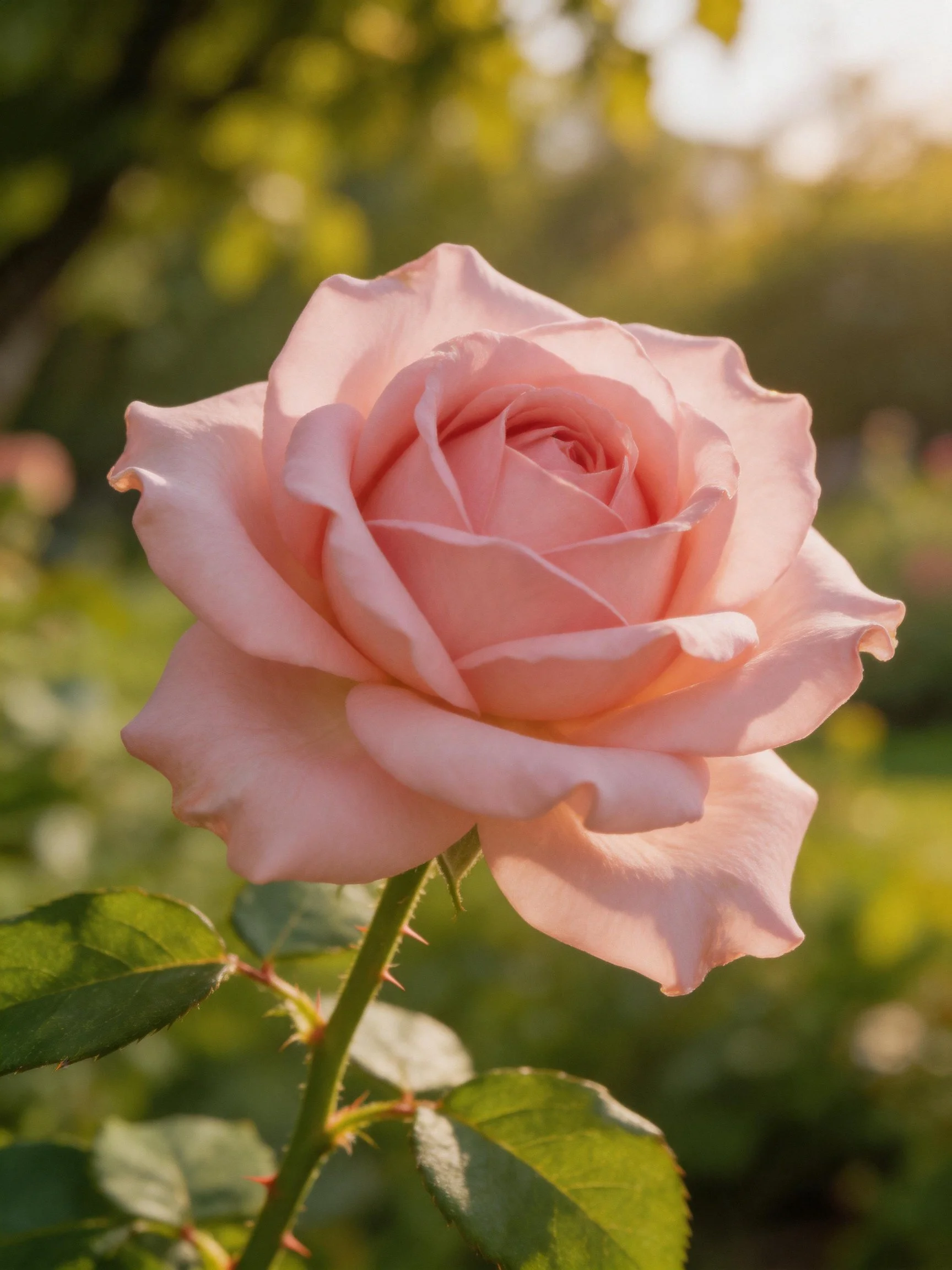 A single pink rose with layered petals and green leaves
