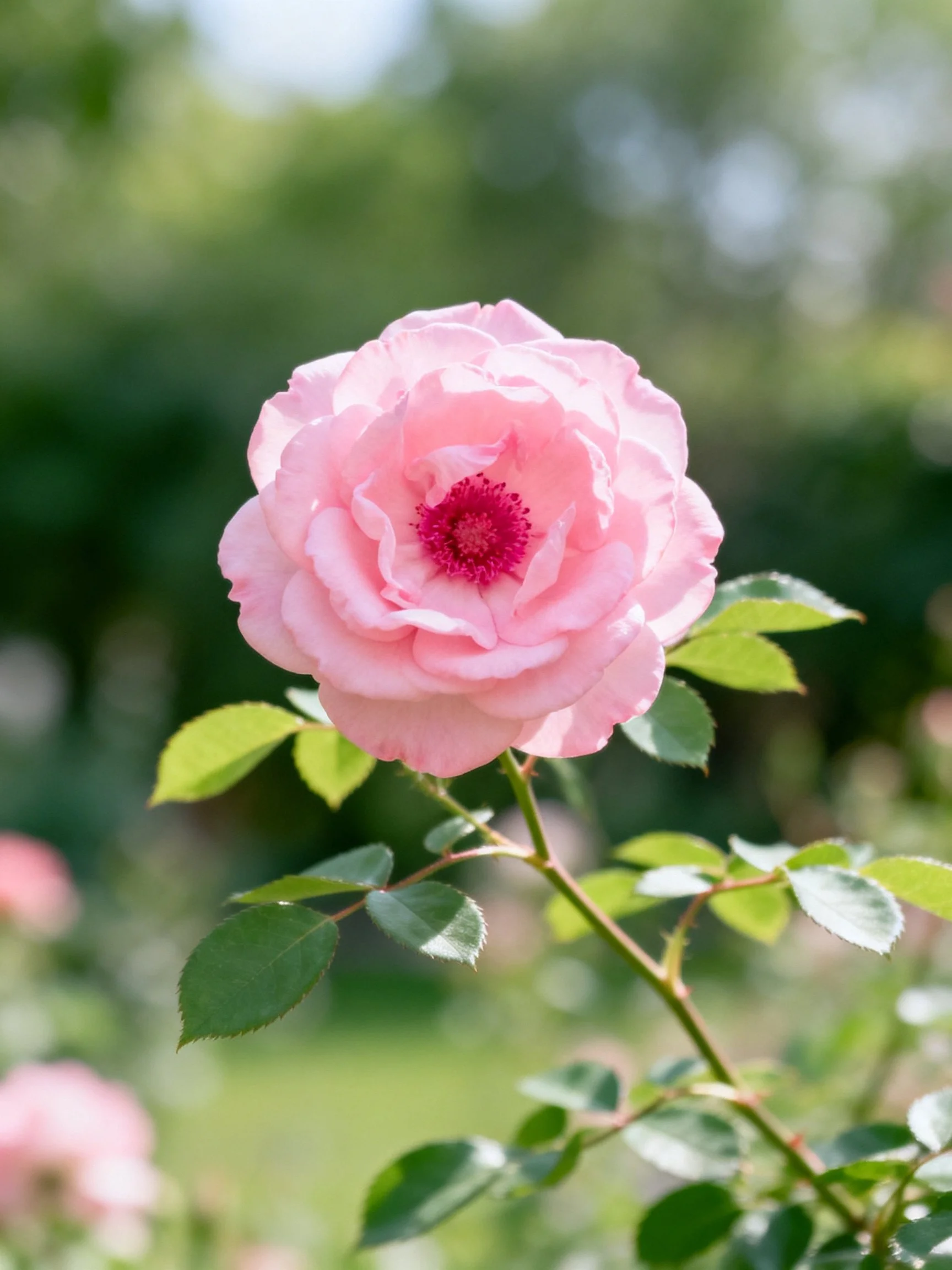 A single pink rose with layered petals and green leaves