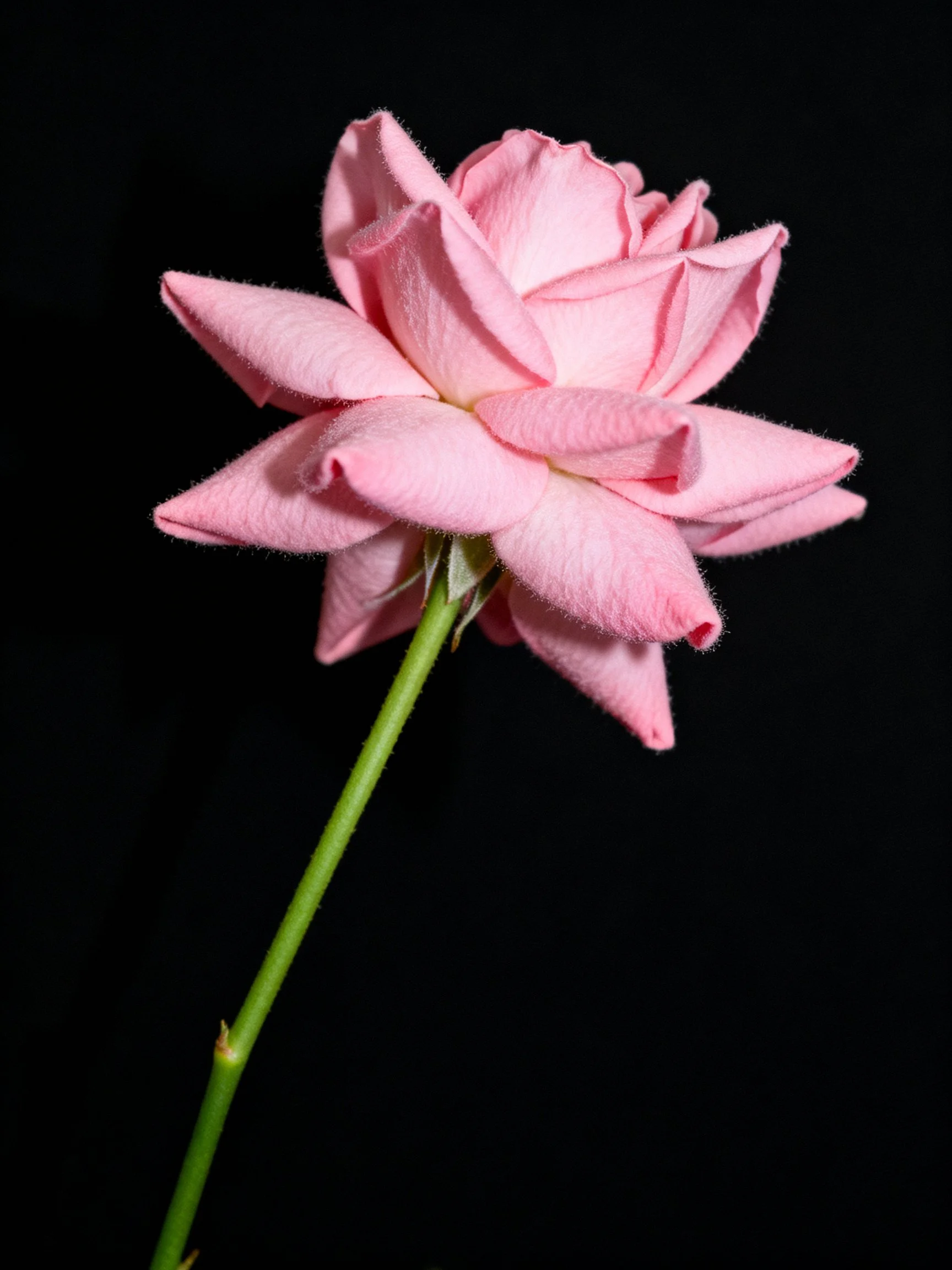 A single pink rose with layered petals on a black backdrop