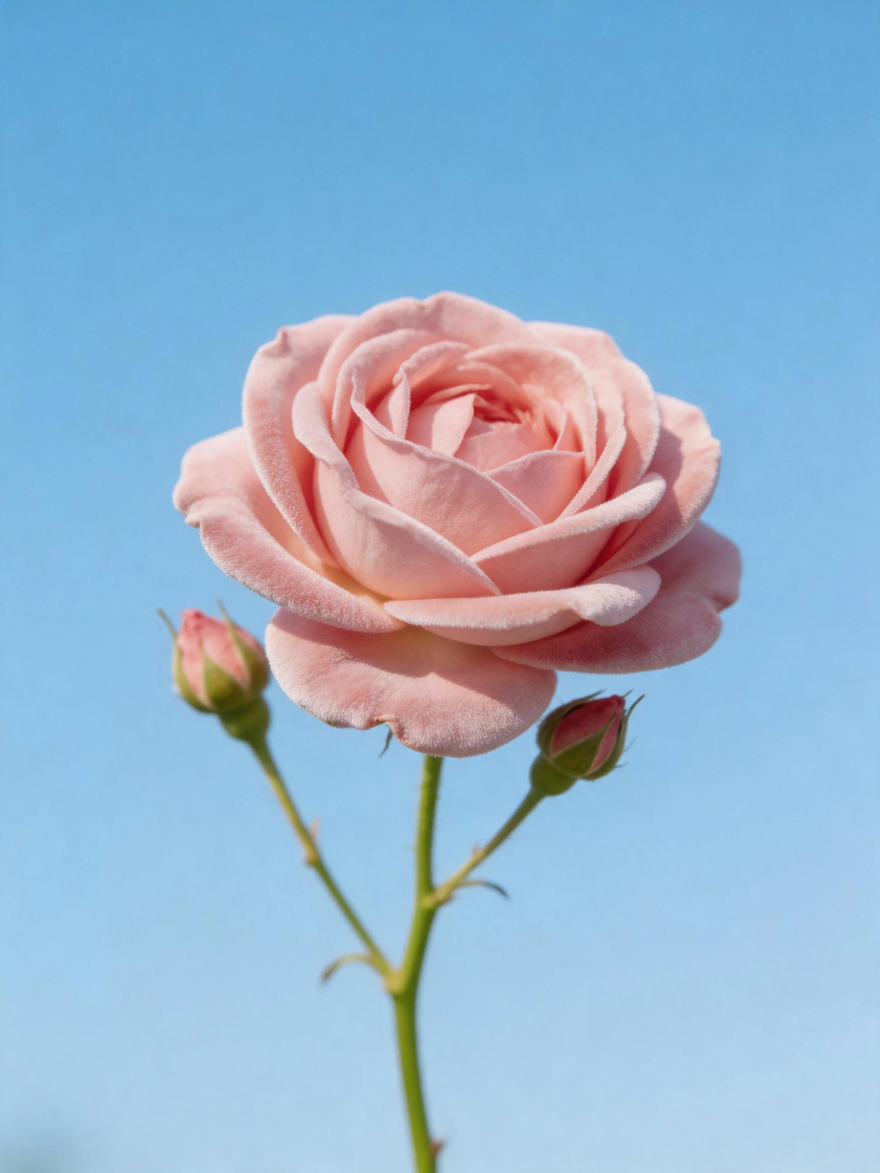 A single pink rose with two buds against a clear blue sky