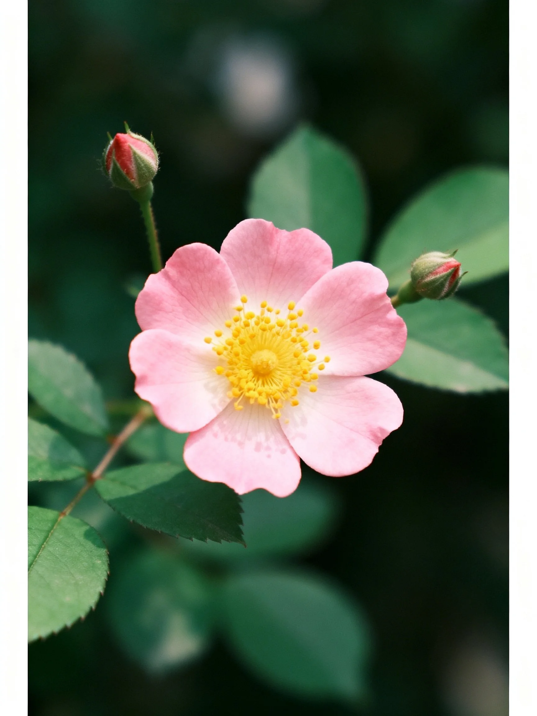 A single pink rose with yellow stamens and green foliage