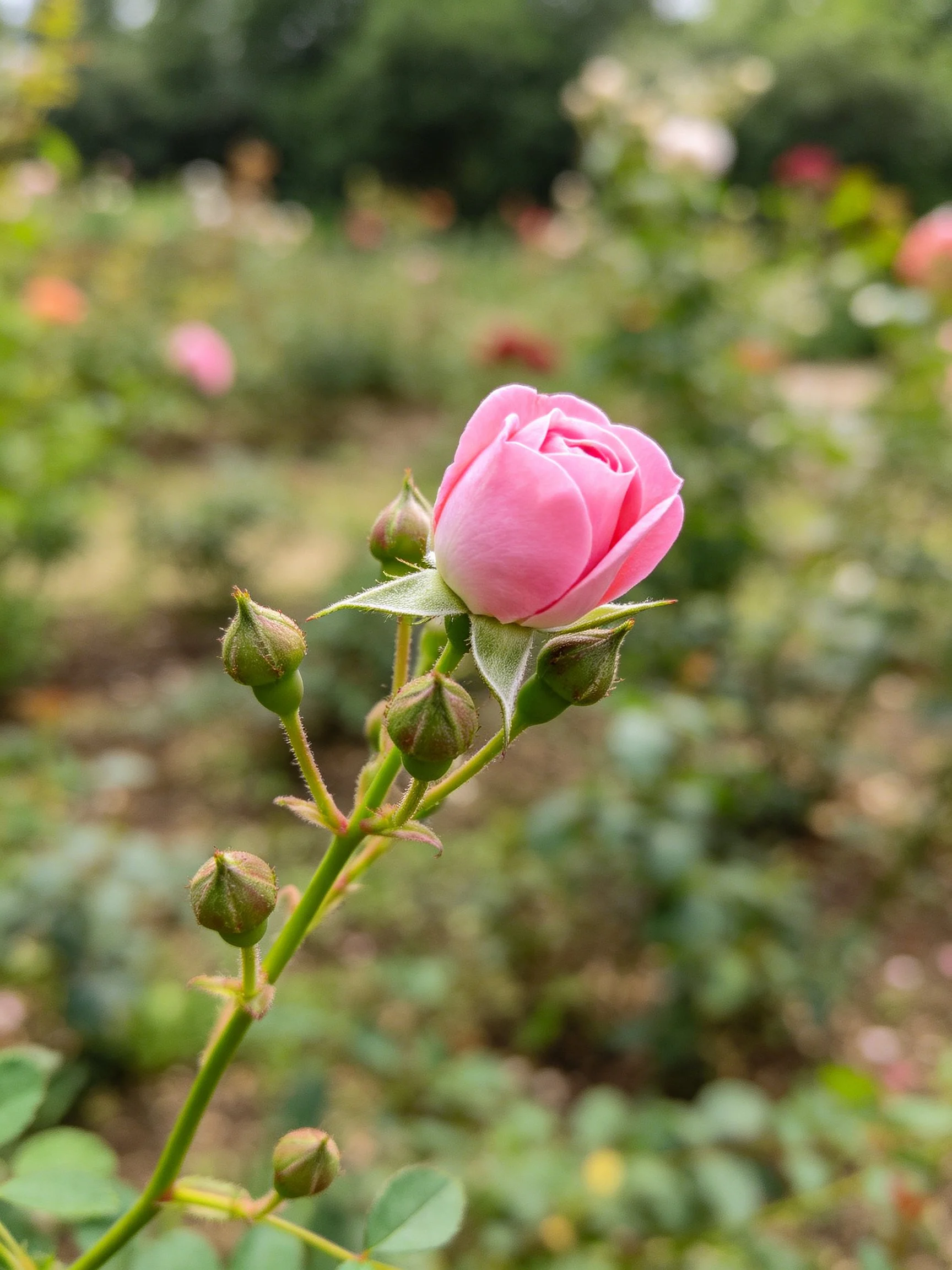 A single pink rosebud with green buds in a garden setting
