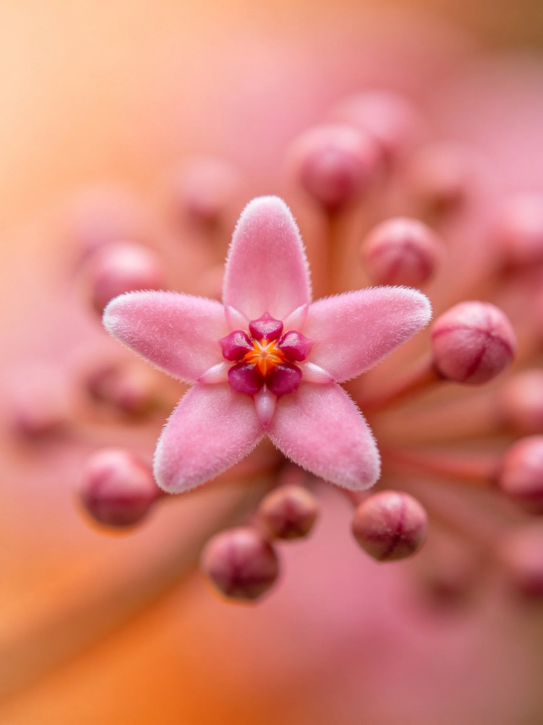 A single pink star - shaped flower with fuzzy petals amid closed buds