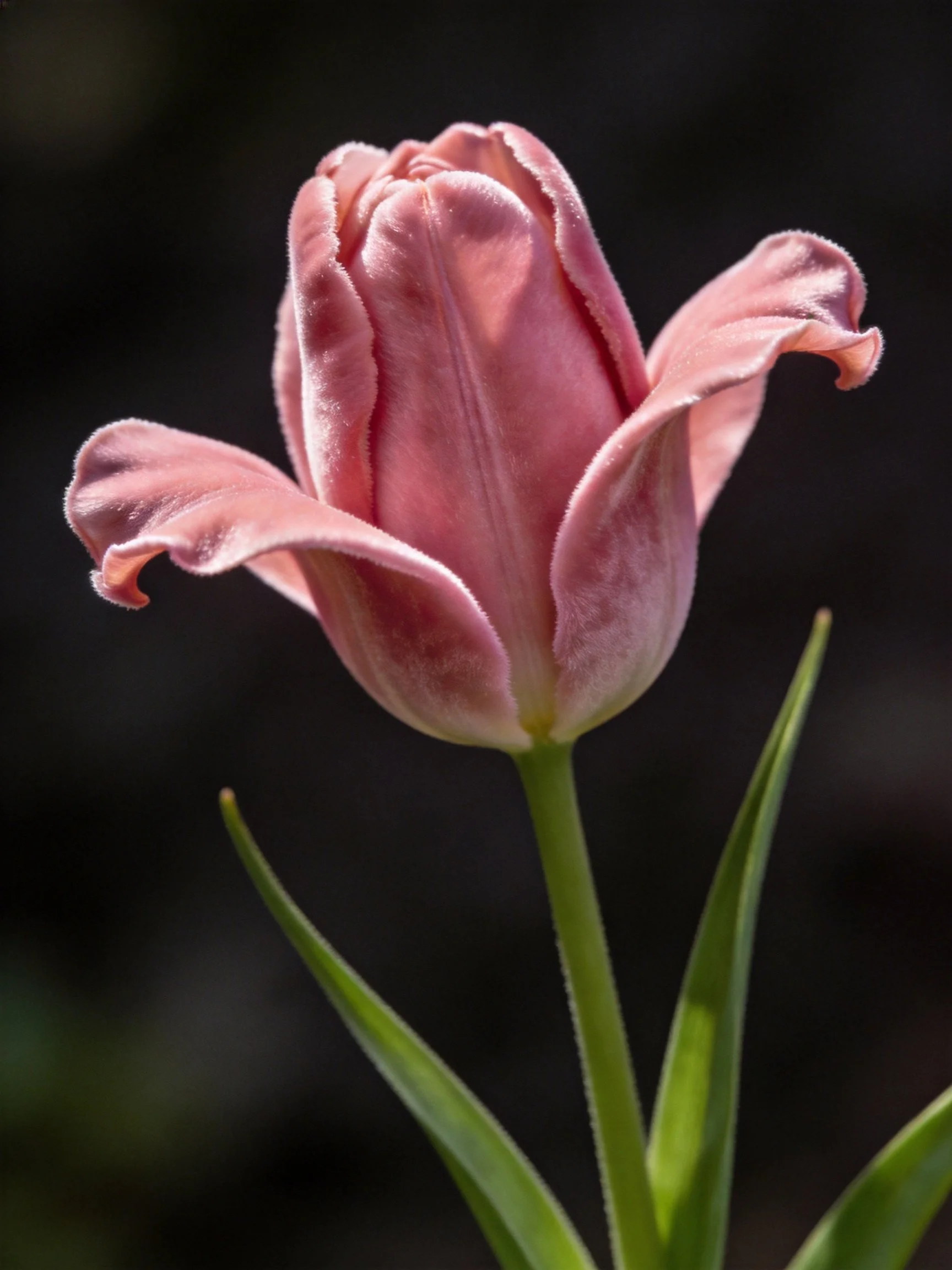 A single pink tulip bud with green stems against a dark backdrop