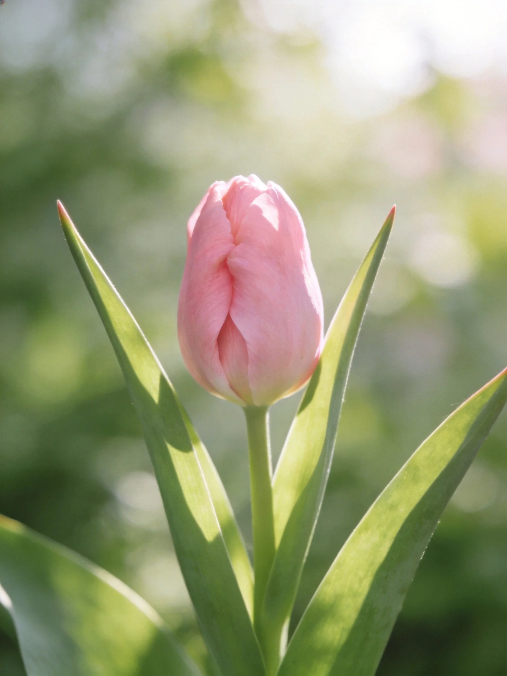 A single pink tulip bud with long green leaves