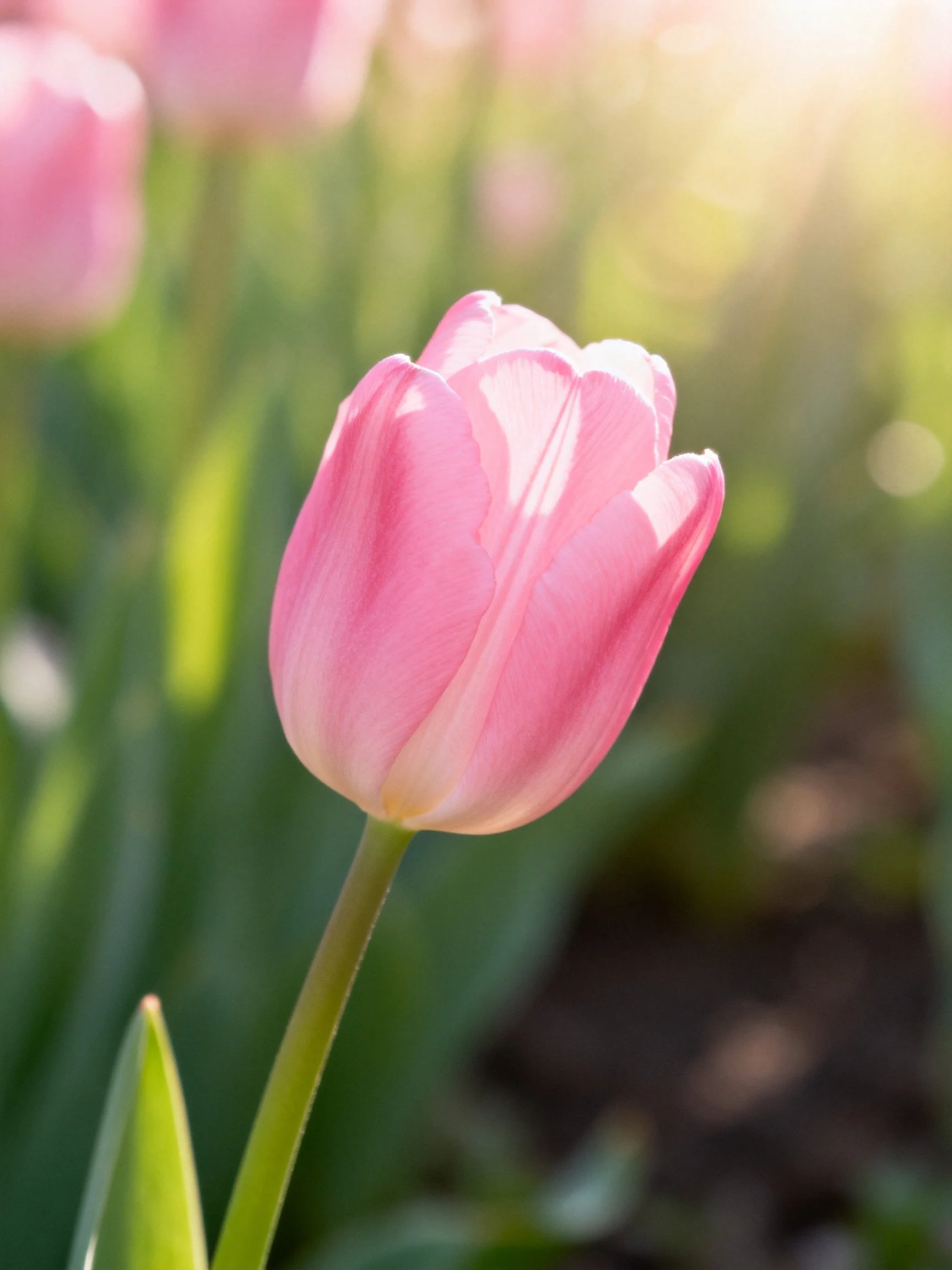 A single pink tulip stands out sharply among a blurred green garden
