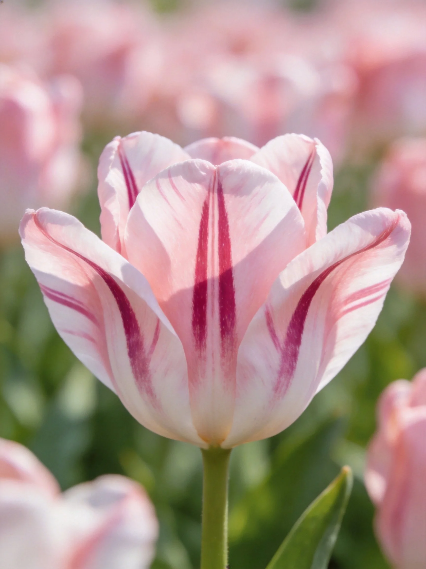 A single pink tulip with deep purple stripes