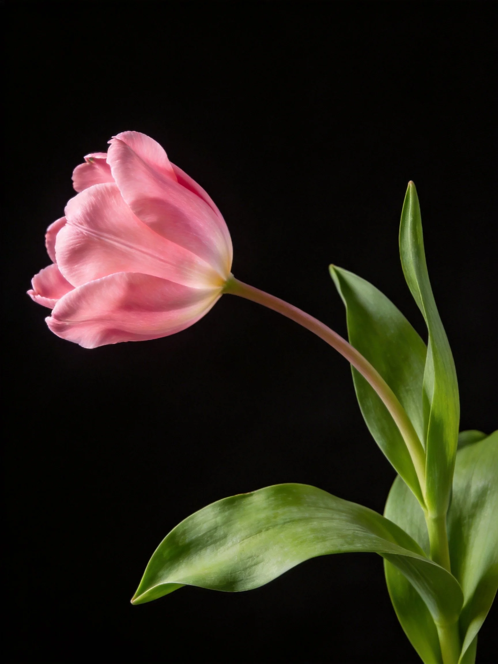 A single pink tulip with vibrant green leaves against a black backdrop