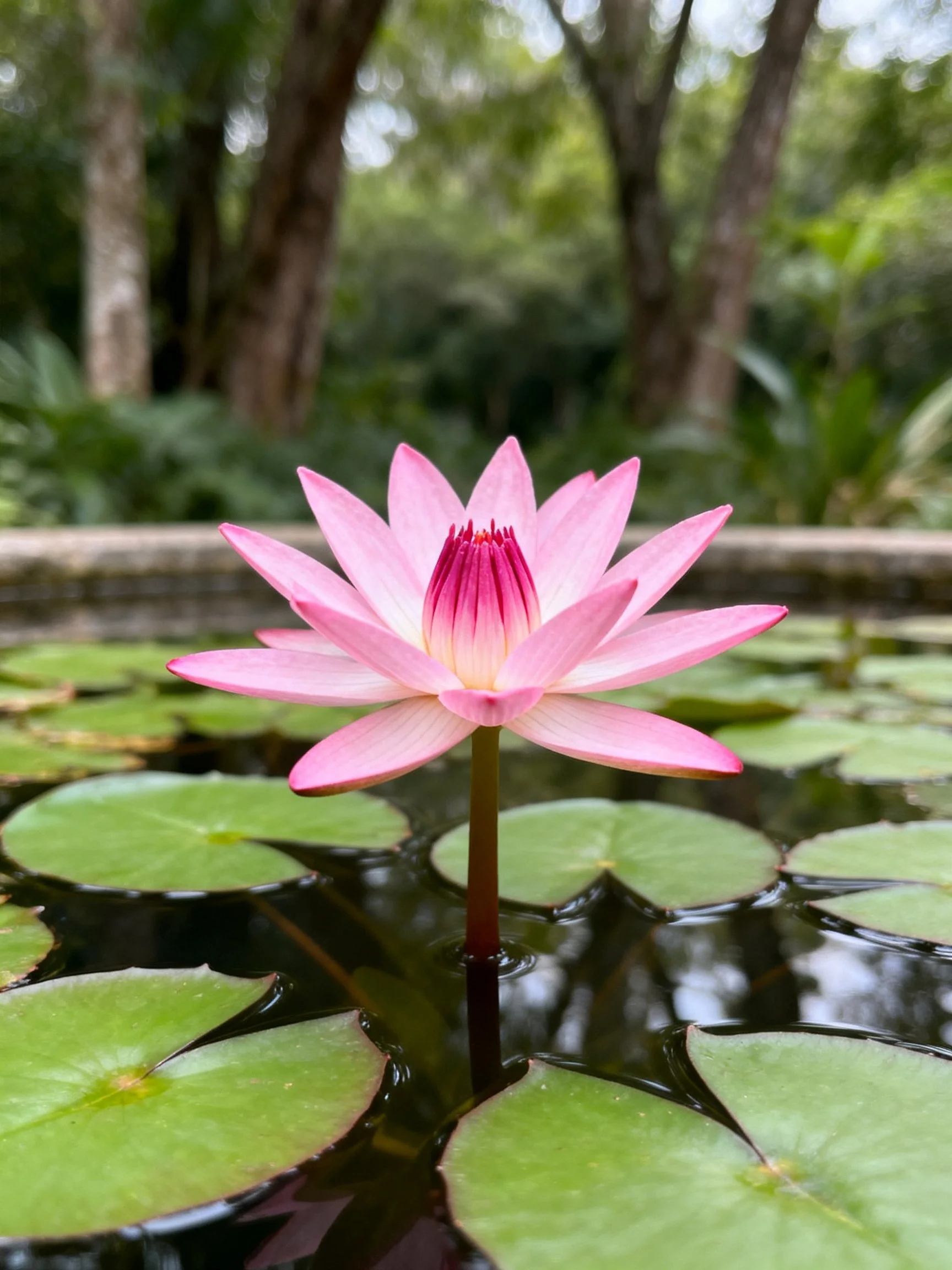A single pink water lily blooms among green lily pads in a tranquil pond