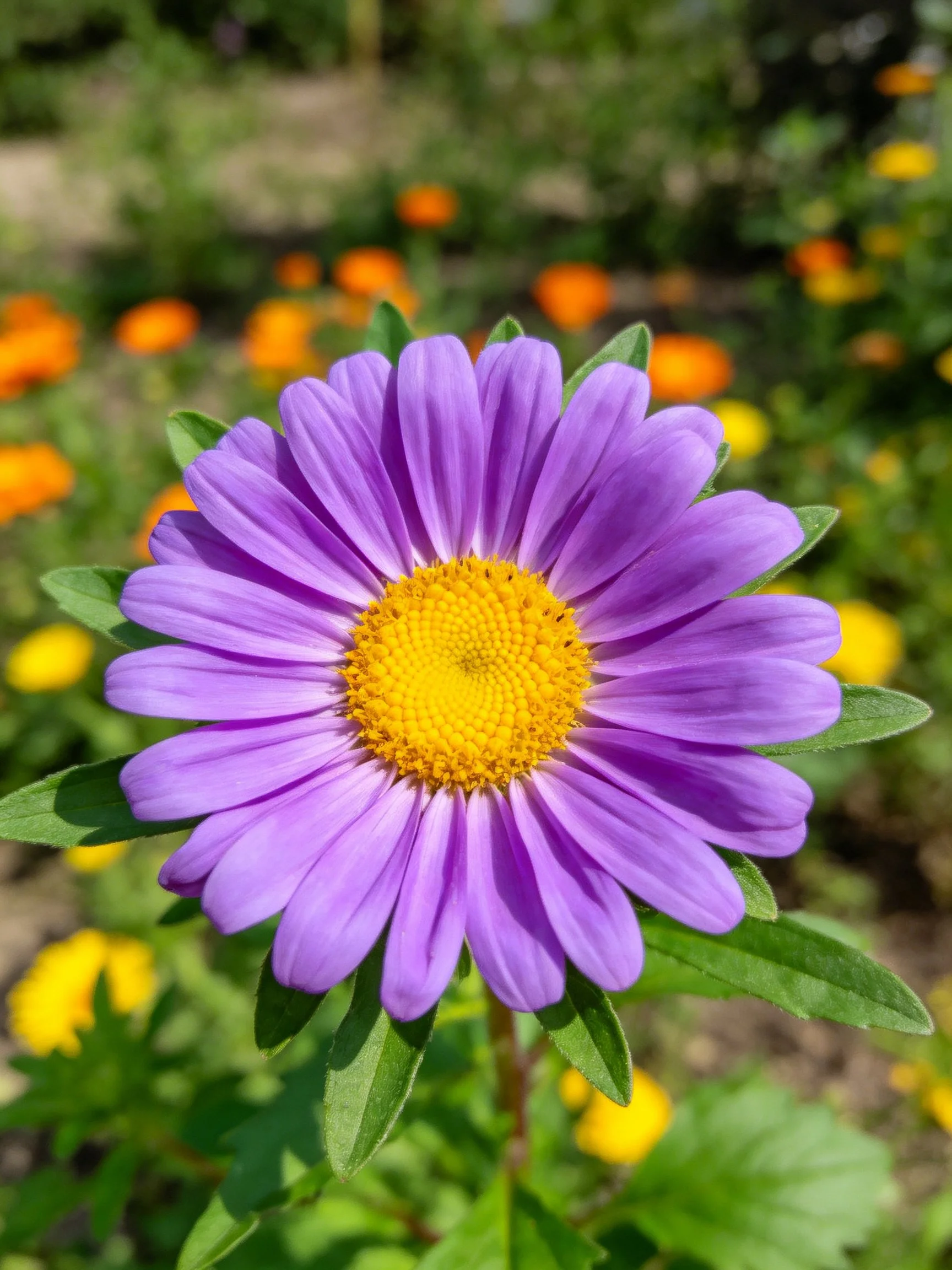 A single purple aster flower with a golden center amid green foliage