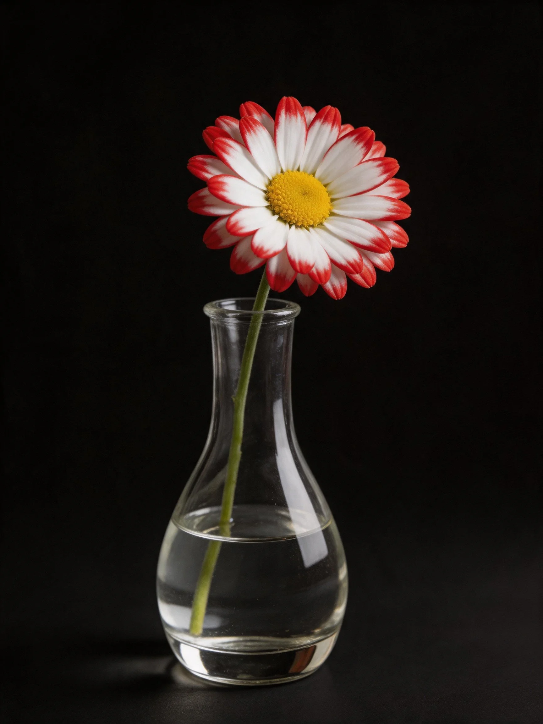 A single red-and-white daisy in a clear glass vase with water
